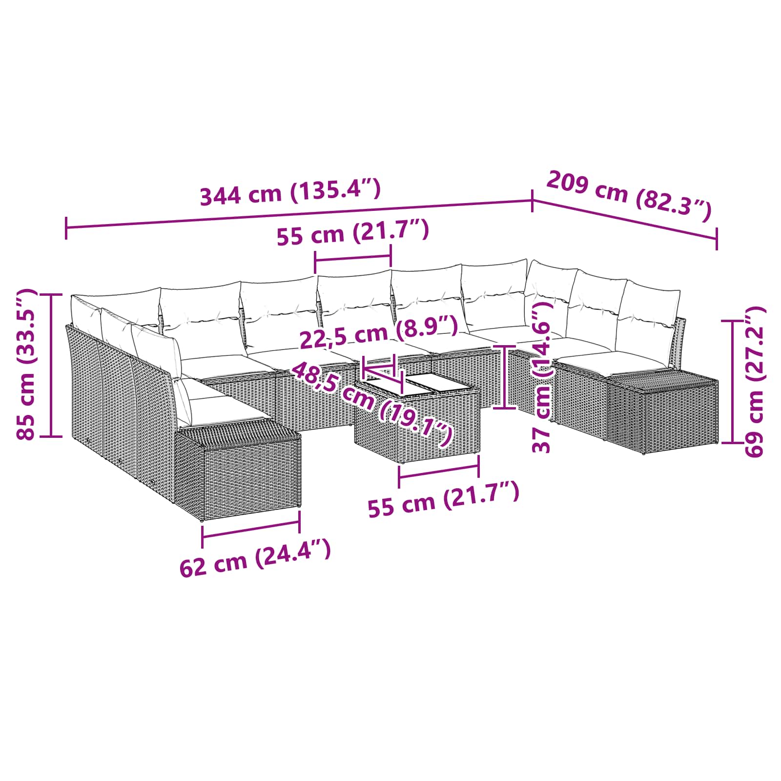 Σετ Καναπέ Κήπου με μαξιλάρι 11 pcs Καφέ συνθετικό ρατάν - Pakobazaar
