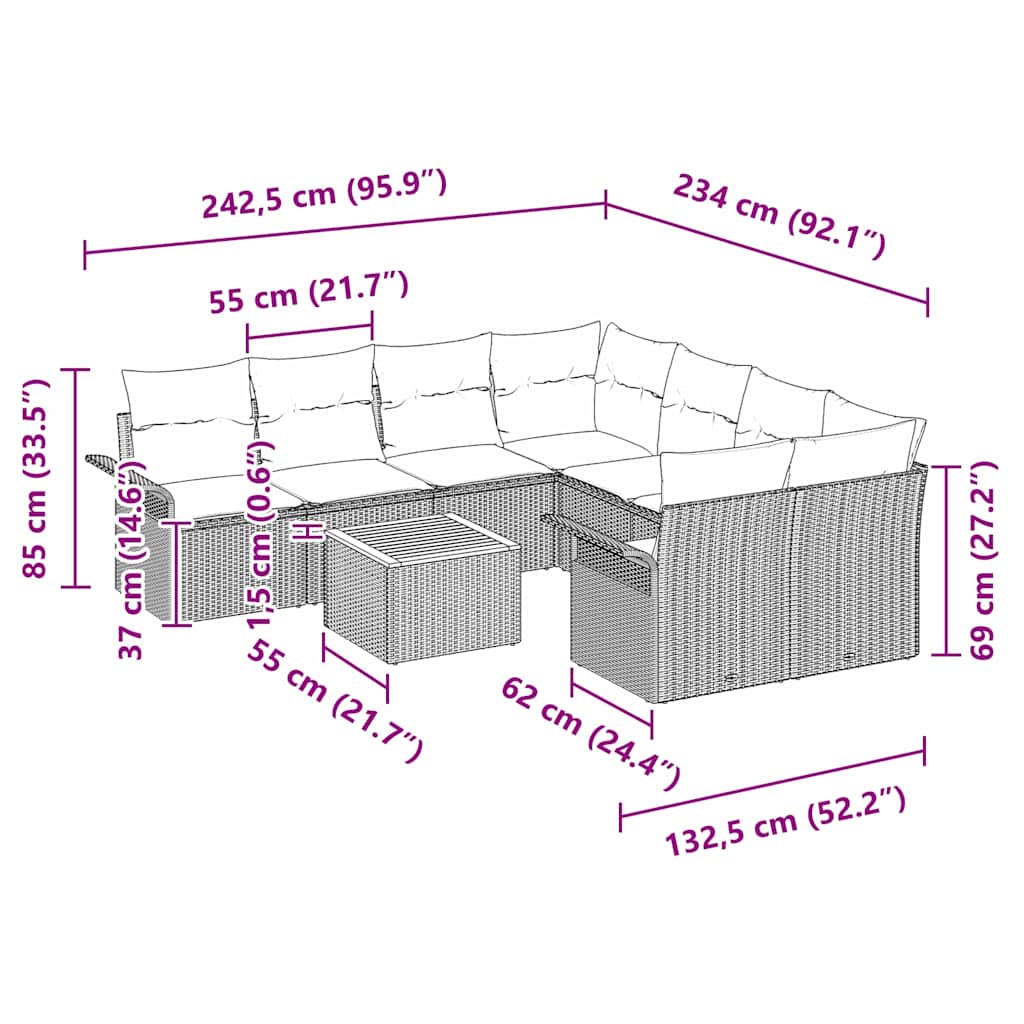Σετ Καναπέ Κήπου με μαξιλάρι 9 pcs Μαύρο συνθετικό ρατάν - Pakobazaar