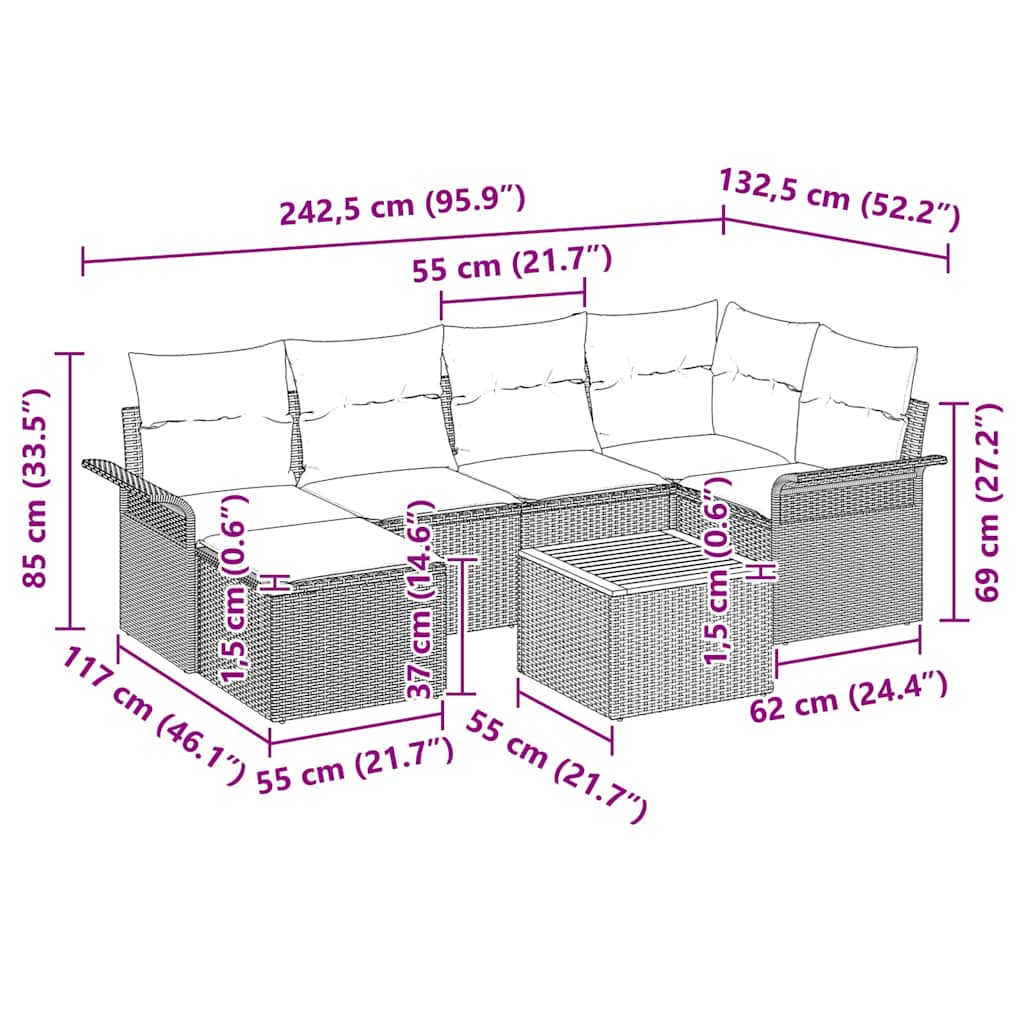 Σετ Καναπέ Κήπου με μαξιλάρι 7 pcs Μαύρο συνθετικό ρατάν - Pakobazaar