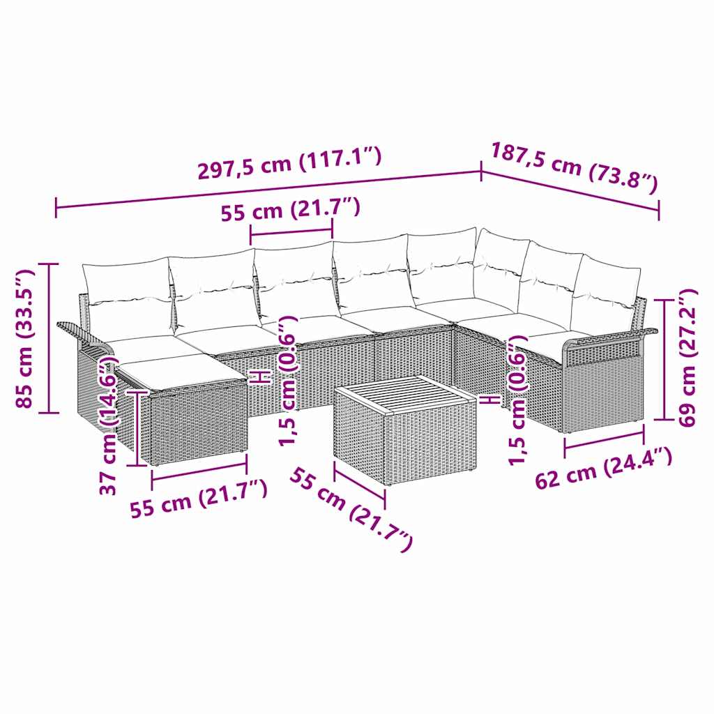 Σετ Καναπέ Κήπου με μαξιλάρι 9 pcs Μπεζ συνθετικό ρατάν
