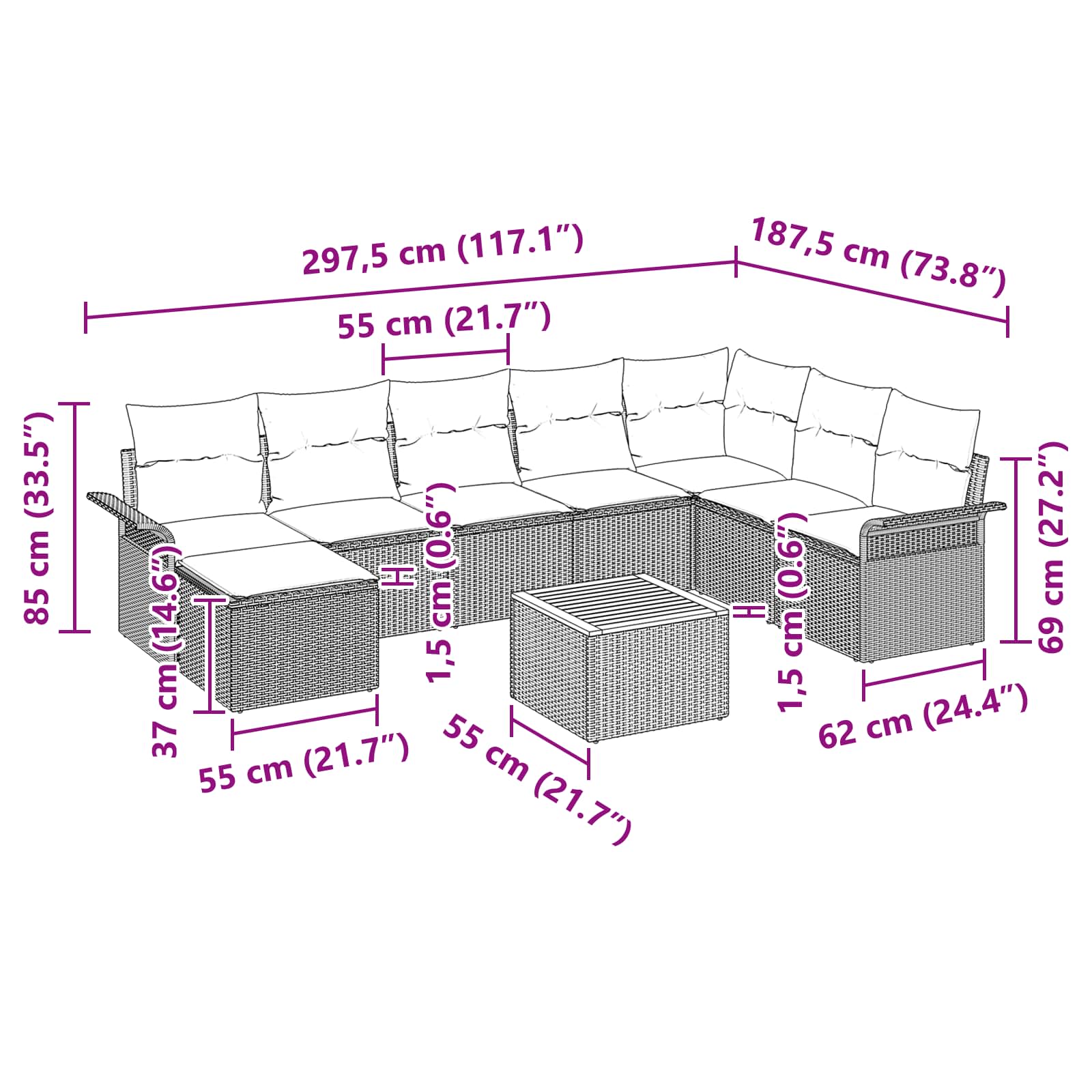 Σετ Καναπέ Κήπου με μαξιλάρι 9 pcs Μαύρο συνθετικό ρατάν - Pakobazaar