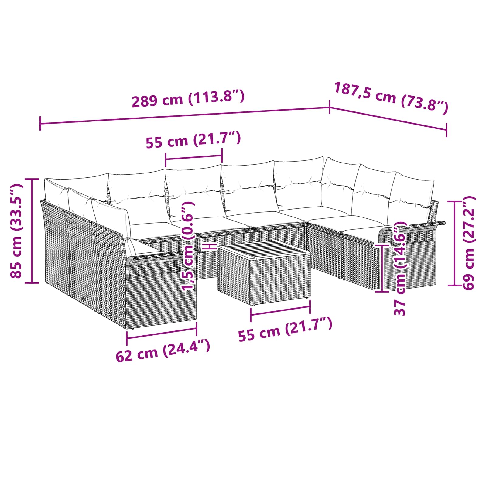 Σετ Καναπέ Κήπου με μαξιλάρι 10 pcs Μαύρο συνθετικό ρατάν - Pakobazaar