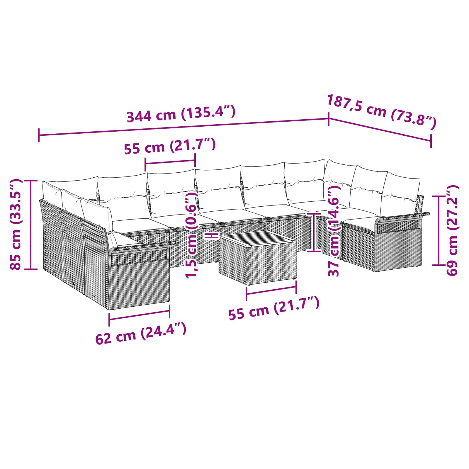 Σετ Καναπέ Κήπου με μαξιλάρι 11 pcs Μαύρο συνθετικό ρατάν - Pakobazaar