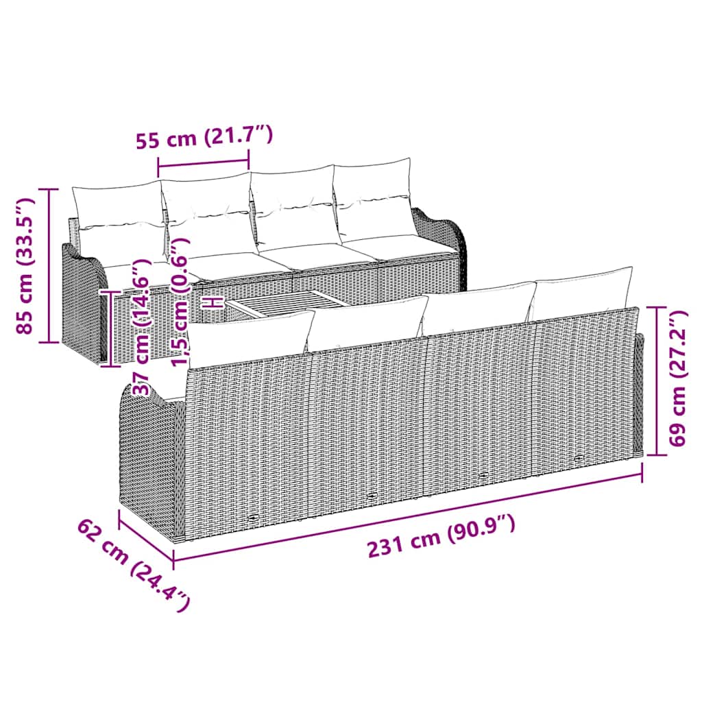Σετ Καναπέ Κήπου με μαξιλάρι 9 pcs Μαύρο συνθετικό ρατάν - Pakobazaar