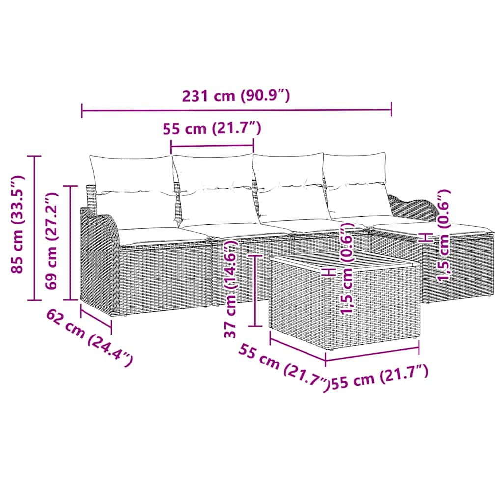 Σετ Καναπέ Κήπου με μαξιλάρι 6 pcs Γκρι συνθετικό ρατάν