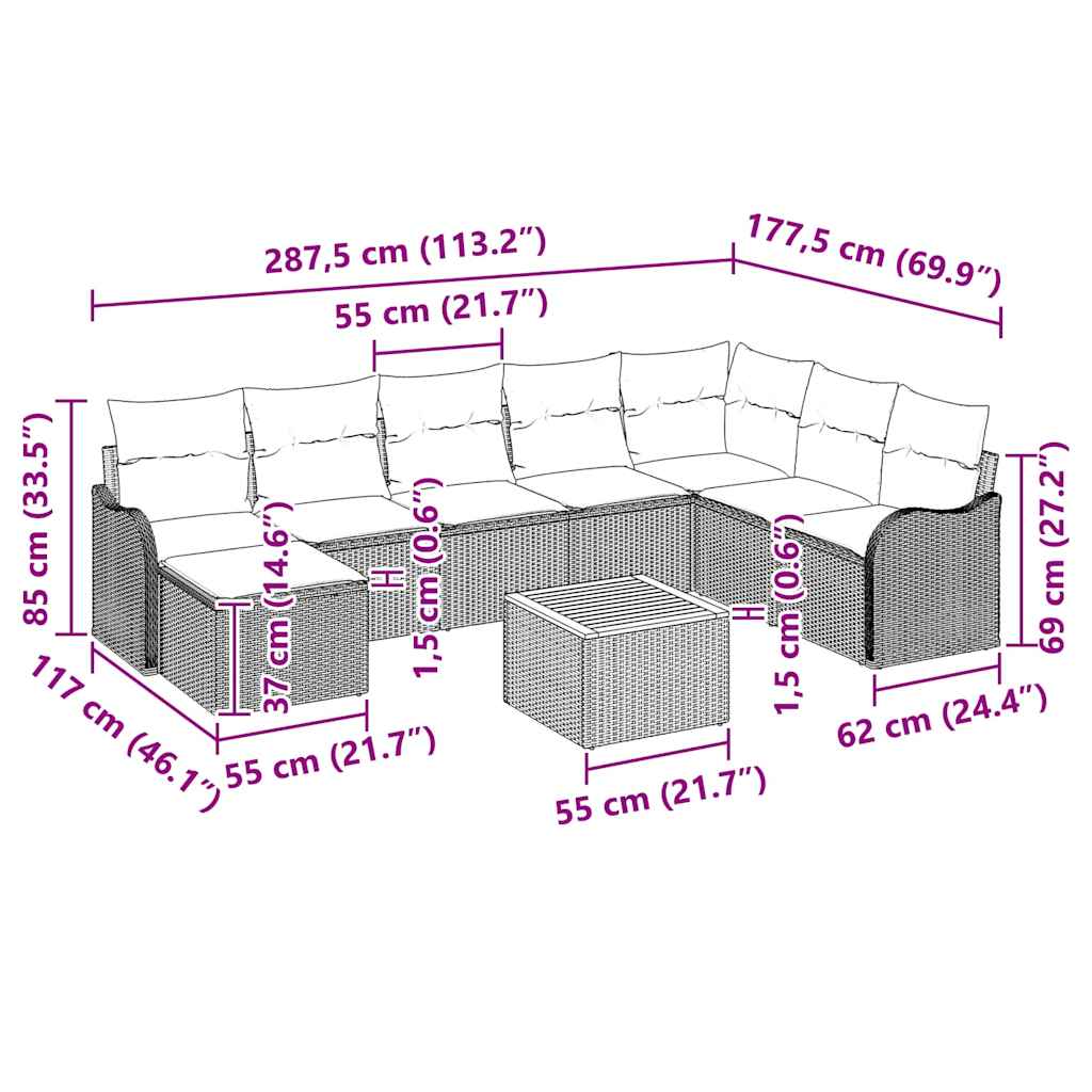 Σετ Καναπέ Κήπου με μαξιλάρι 9 pcs Μαύρο συνθετικό ρατάν - Pakobazaar