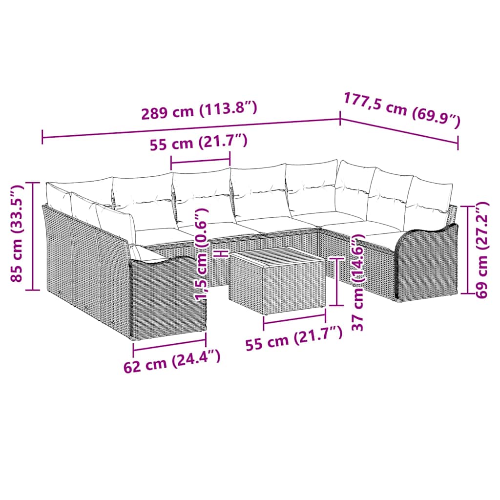 Σετ Καναπέ Κήπου με μαξιλάρι 10 pcs Μαύρο συνθετικό ρατάν - Pakobazaar