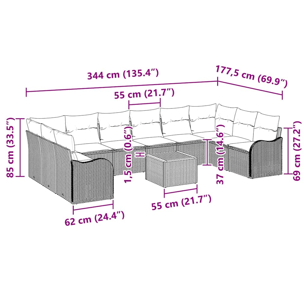 Σετ Καναπέ Κήπου με μαξιλάρι 11 pcs Γκρι συνθετικό ρατάν
