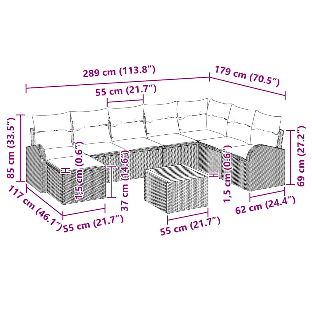 Σετ Καναπέ Κήπου με μαξιλάρι 9 pcs Μαύρο συνθετικό ρατάν - Pakobazaar