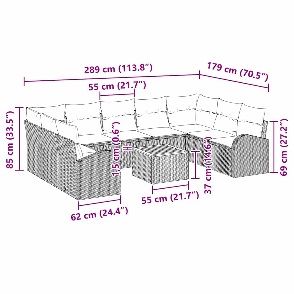Σετ Καναπέ Κήπου με μαξιλάρι 10 pcs Μαύρο συνθετικό ρατάν - Pakobazaar