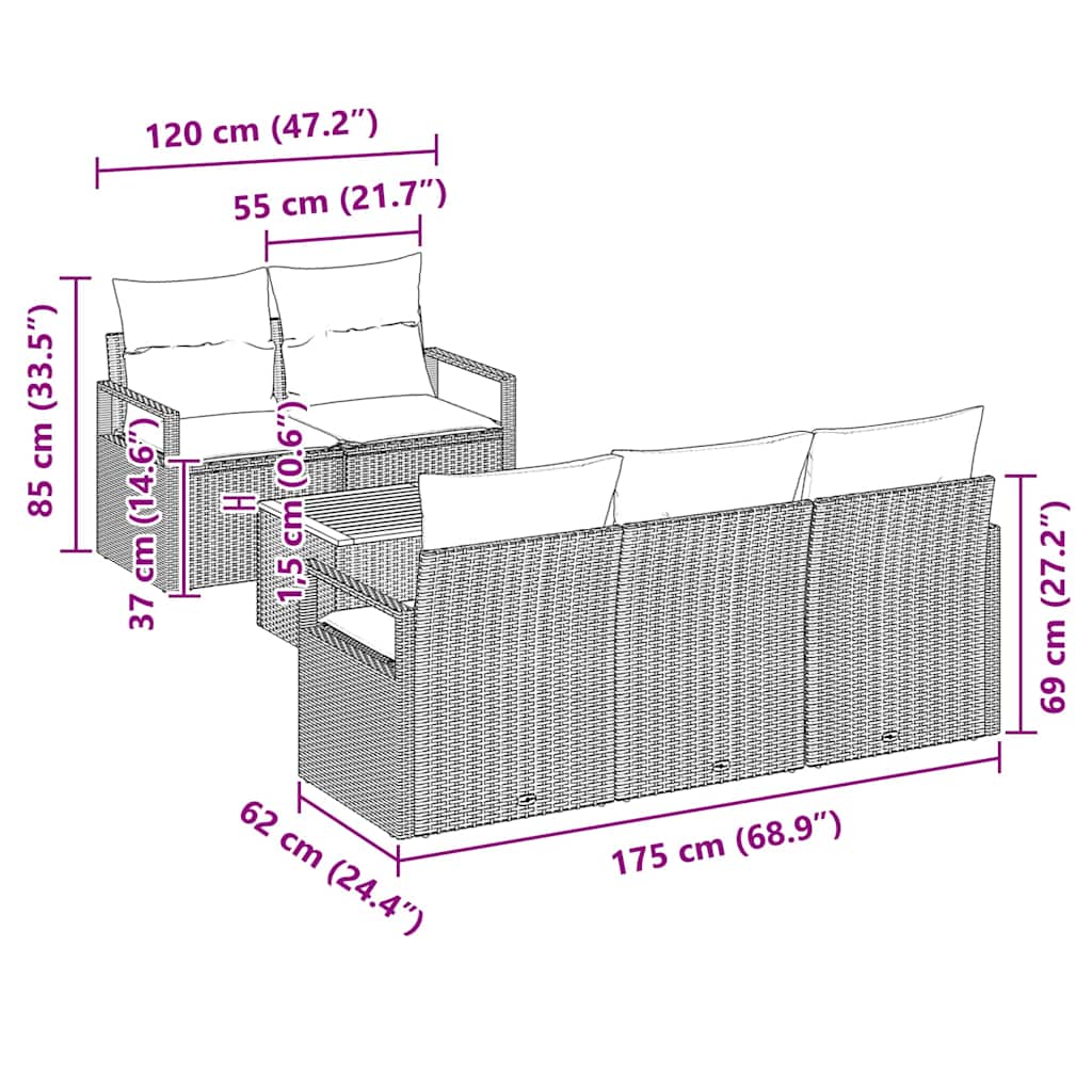 Σετ Καναπέ Κήπου με μαξιλάρι 6 pcs Γκρι συνθετικό ρατάν