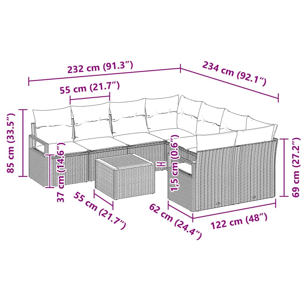 Σετ Καναπέ Κήπου με μαξιλάρι 9 pcs Μαύρο συνθετικό ρατάν - Pakobazaar