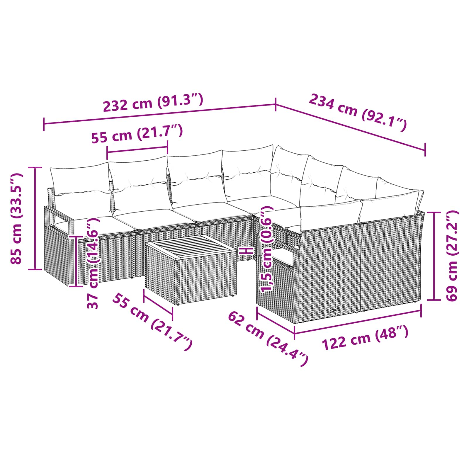 Σετ Καναπέ Κήπου με μαξιλάρι 9 pcs Γκρι συνθετικό ρατάν - Pakobazaar
