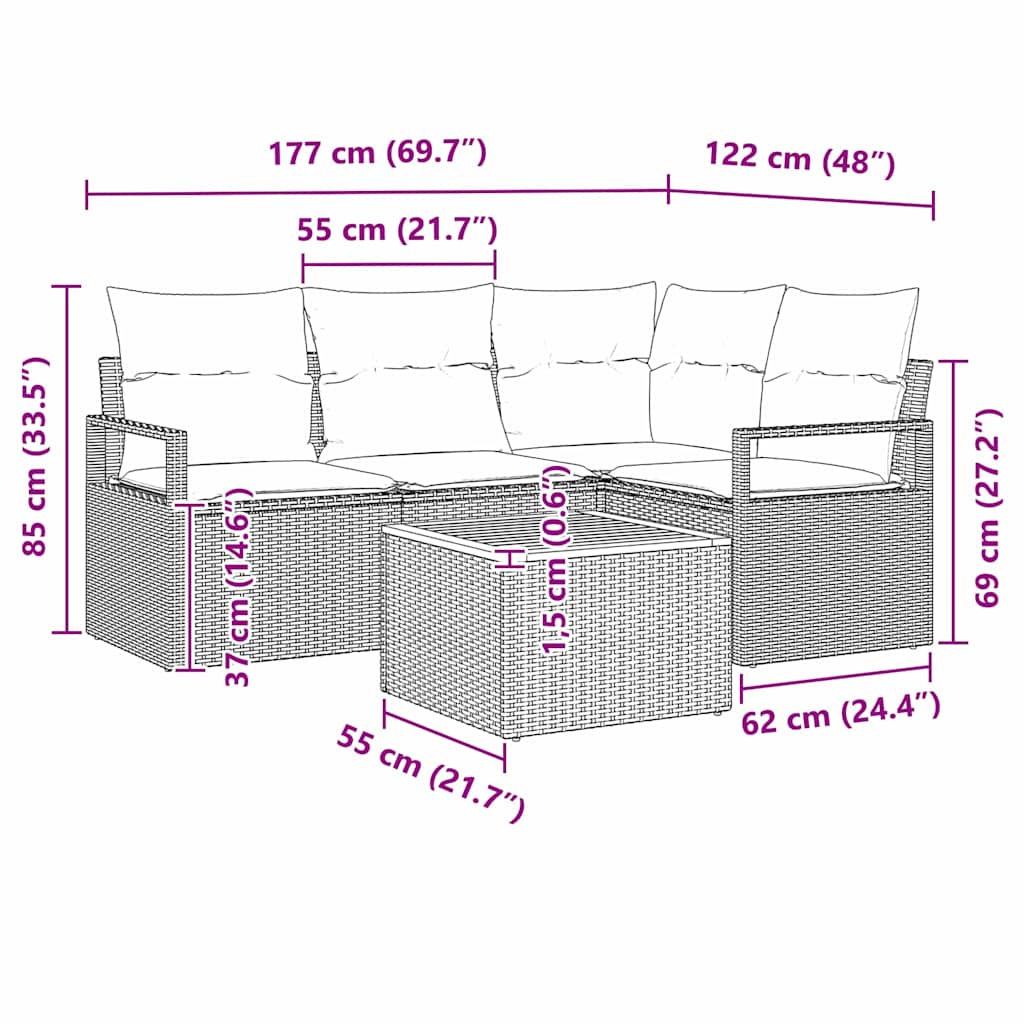 Σετ Καναπέ Κήπου με μαξιλάρι 5 pcs Μαύρο συνθετικό ρατάν - Pakobazaar