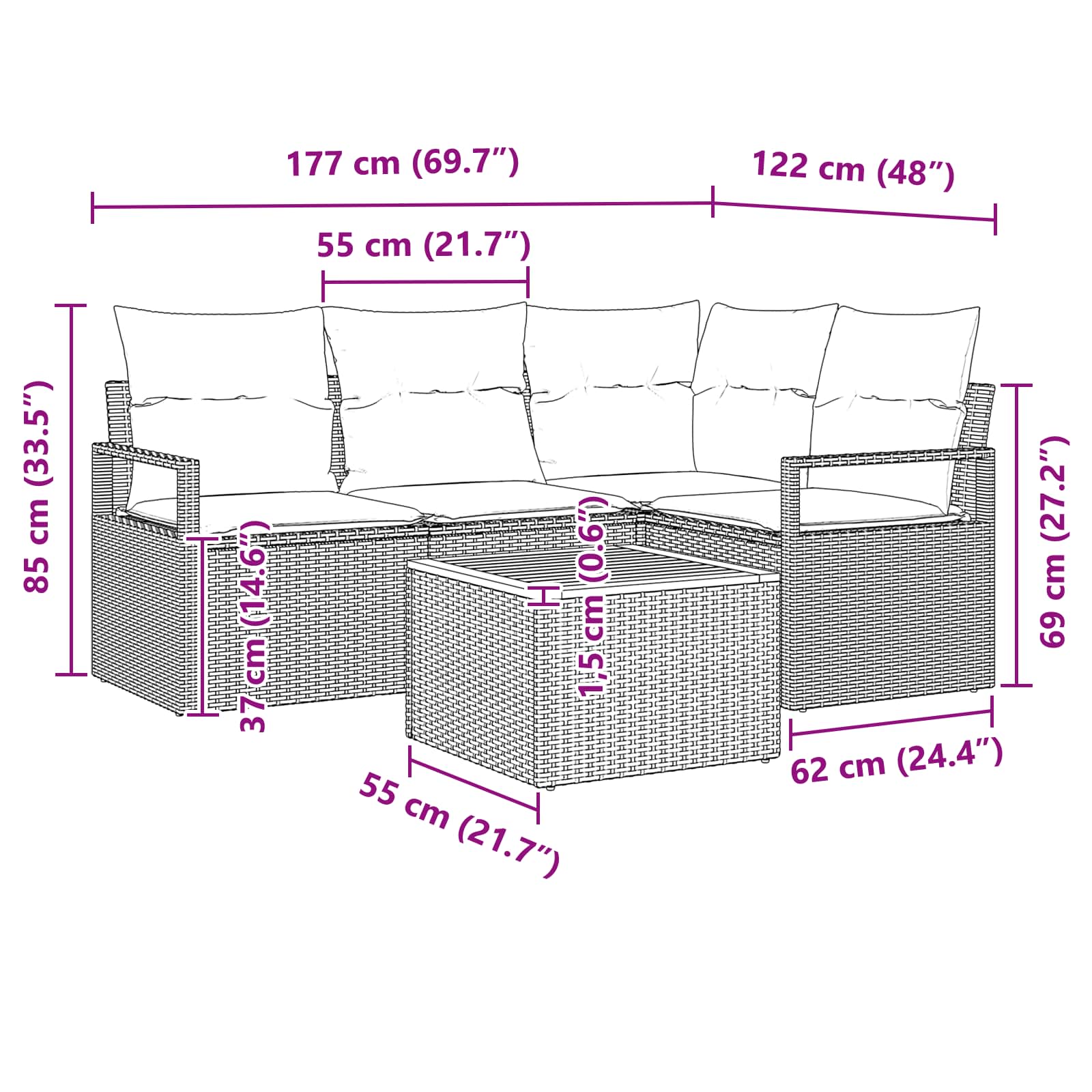 Σετ Καναπέ Κήπου με μαξιλάρι 5 pcs Γκρι συνθετικό ρατάν - Pakobazaar