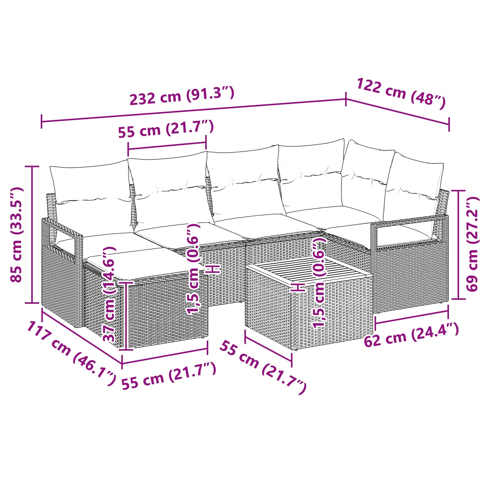 Σετ Καναπέ Κήπου με μαξιλάρι 7 pcs Μαύρο συνθετικό ρατάν - Pakobazaar