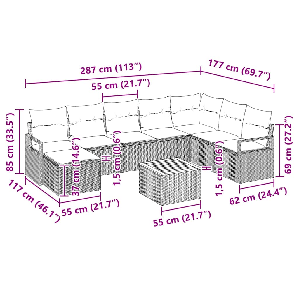 Σετ Καναπέ Κήπου με μαξιλάρι 9 pcs Γκρι συνθετικό ρατάν