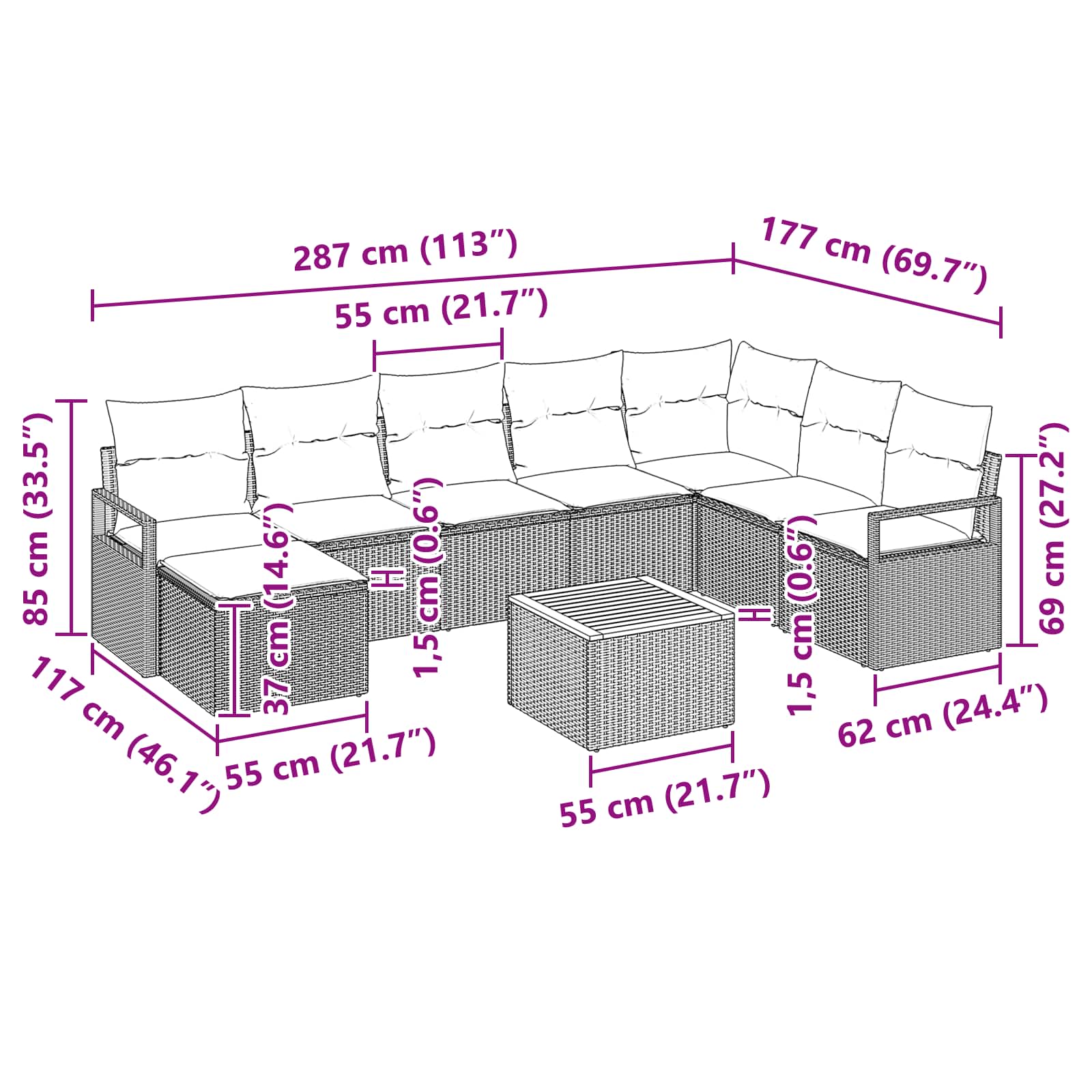 Σετ Καναπέ Κήπου με μαξιλάρι 9 pcs Μαύρο συνθετικό ρατάν - Pakobazaar