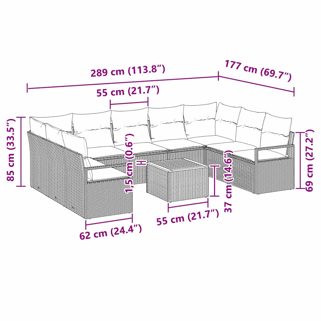 Σετ Καναπέ Κήπου με μαξιλάρι 10 pcs Μαύρο συνθετικό ρατάν - Pakobazaar