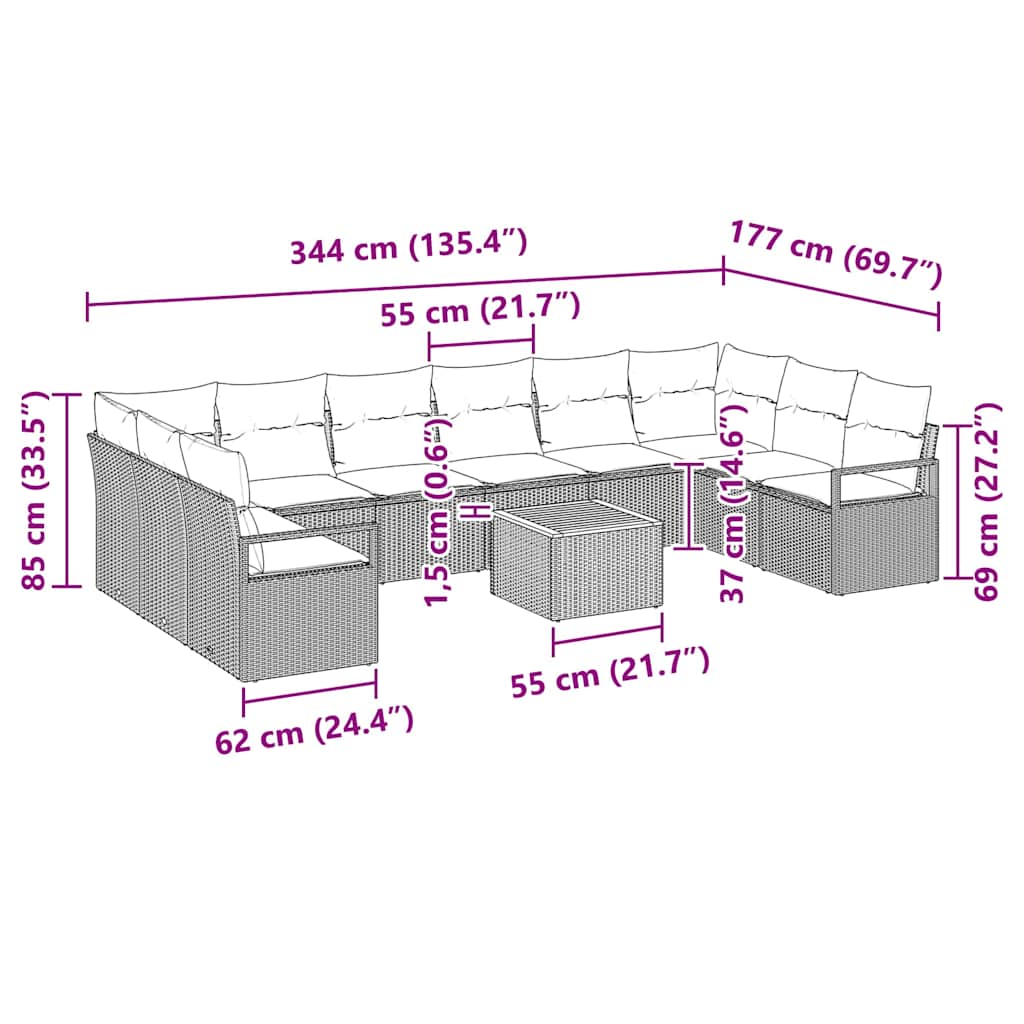Σετ Καναπέ Κήπου με μαξιλάρι 11 pcs Μαύρο συνθετικό ρατάν - Pakobazaar