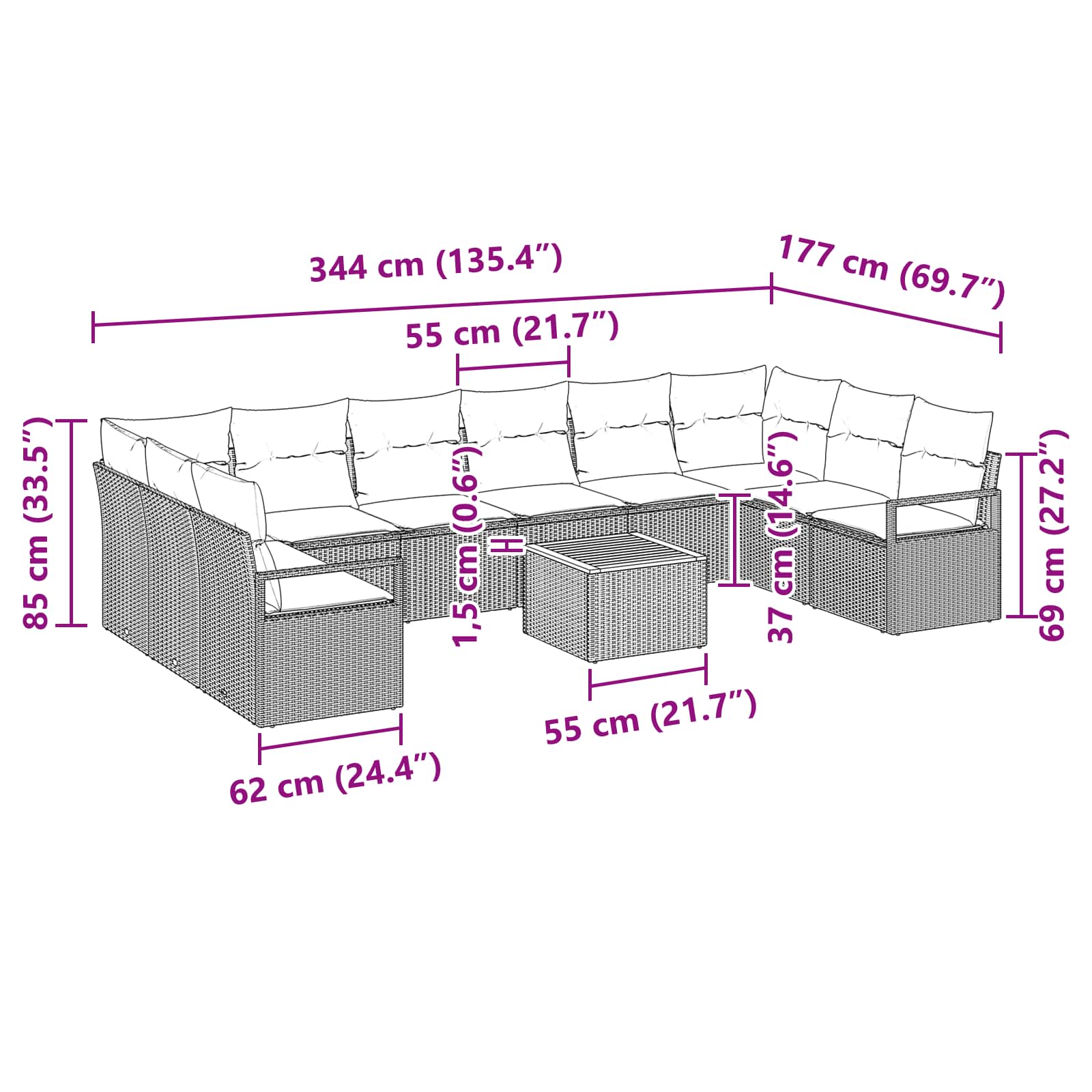 Σετ Καναπέ Κήπου με μαξιλάρι 11 pcs Γκρι συνθετικό ρατάν - Pakobazaar