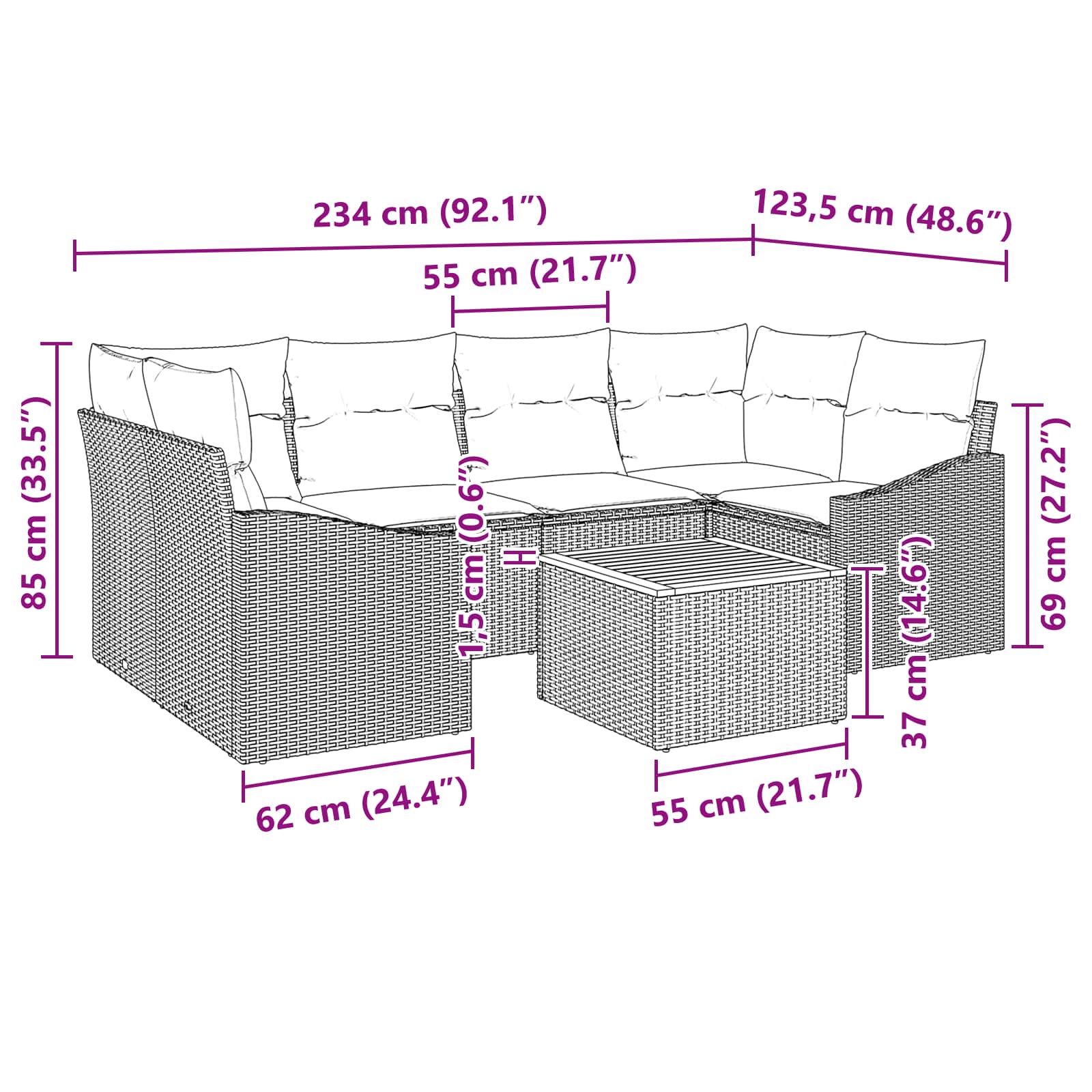 Σετ Καναπέ Κήπου με μαξιλάρι 7 pcs Μαύρο συνθετικό ρατάν - Pakobazaar