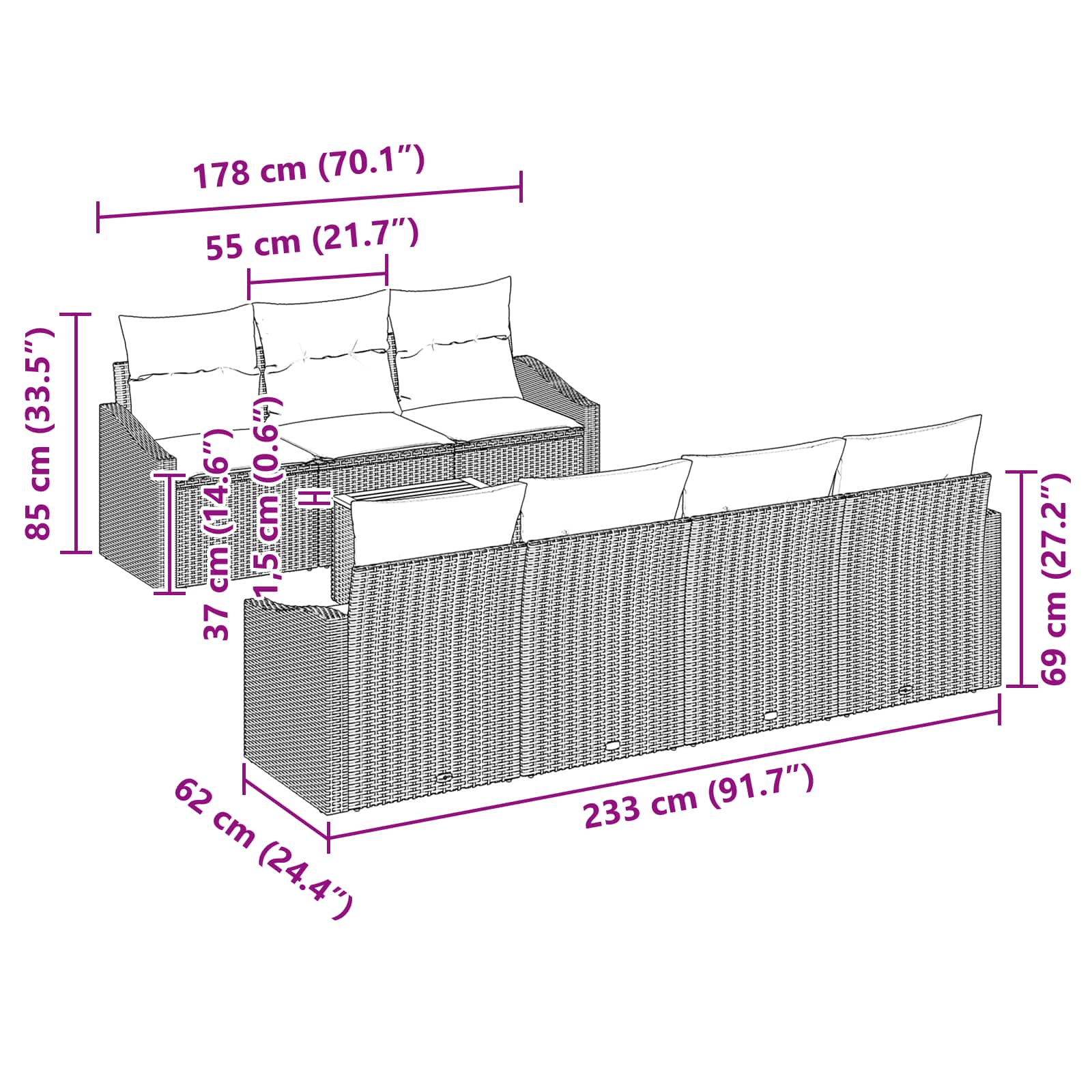 Σετ Καναπέ Κήπου με μαξιλάρι 8 pcs Μαύρο συνθετικό ρατάν - Pakobazaar
