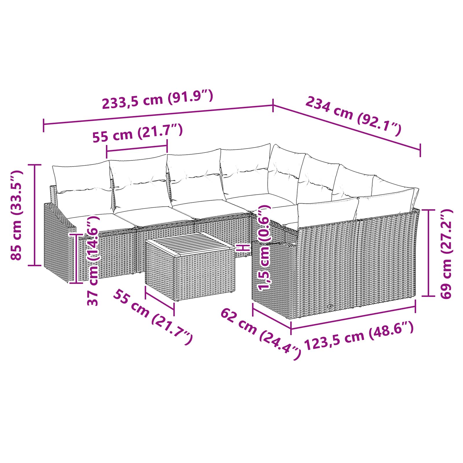 Σετ Καναπέ Κήπου με μαξιλάρι 9 pcs Μαύρο συνθετικό ρατάν - Pakobazaar