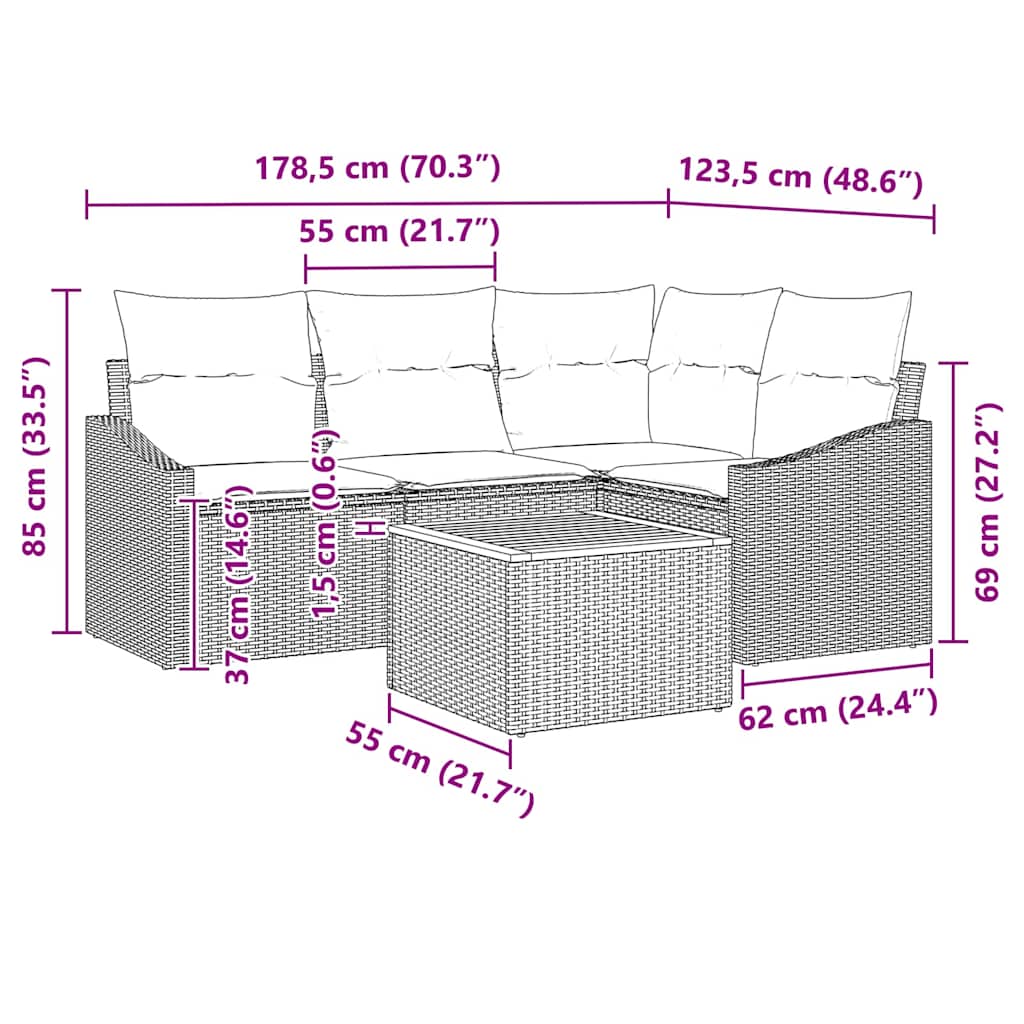 Σετ Καναπέ Κήπου με μαξιλάρι 5 pcs Μπεζ συνθετικό ρατάν - Pakobazaar