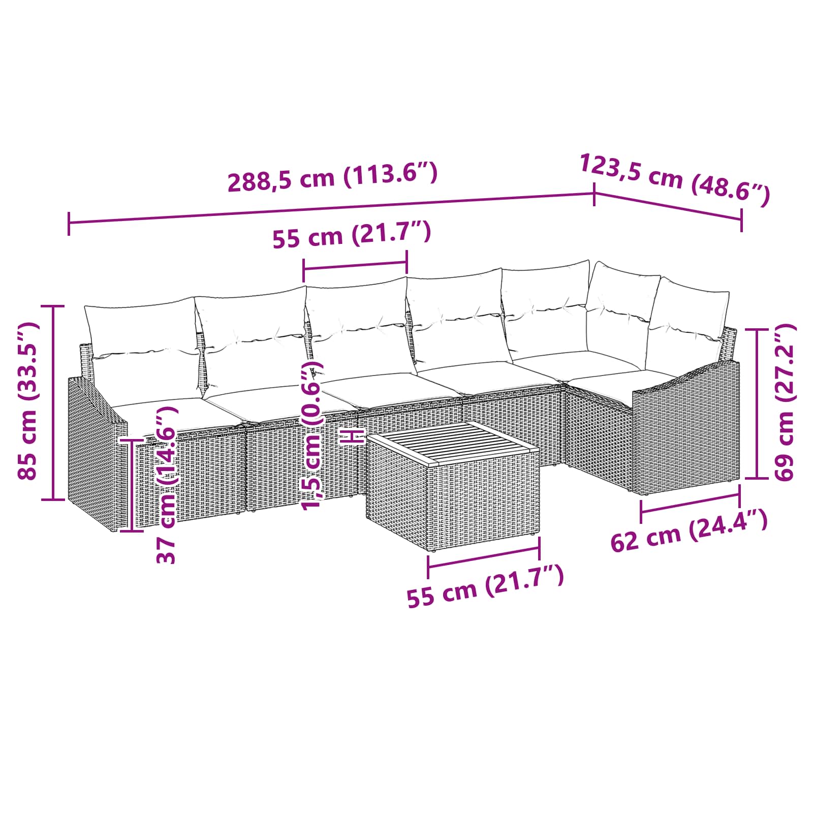 Σετ Καναπέ Κήπου με μαξιλάρι 7 pcs Μαύρο συνθετικό ρατάν - Pakobazaar