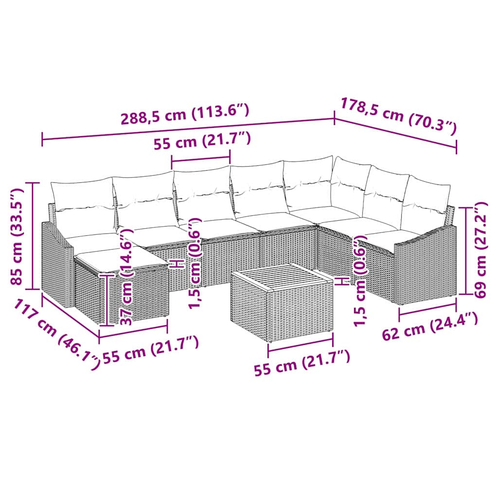 Σετ Καναπέ Κήπου με μαξιλάρι 9 pcs Γκρι συνθετικό ρατάν