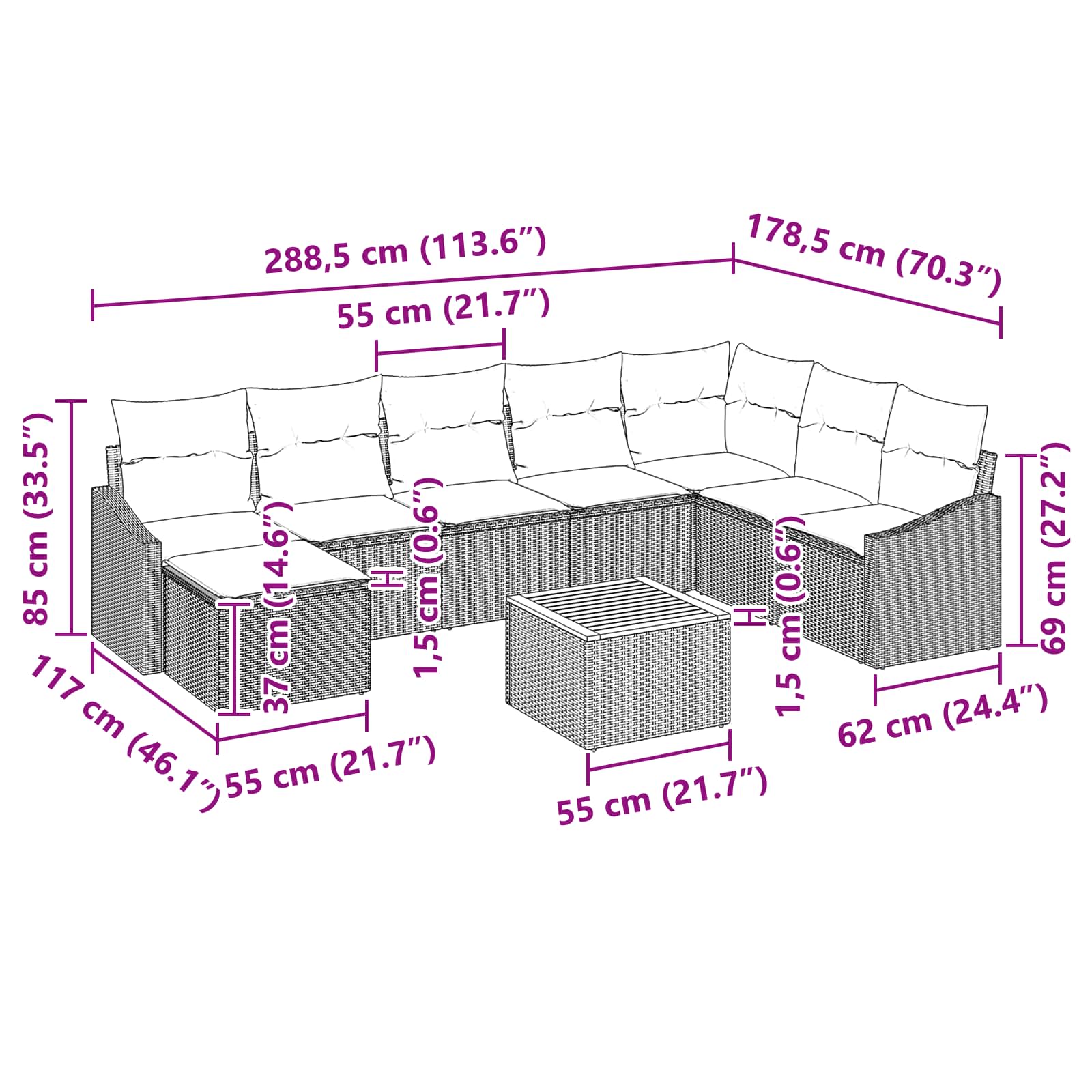Σετ Καναπέ Κήπου με μαξιλάρι 9 pcs Μαύρο συνθετικό ρατάν - Pakobazaar