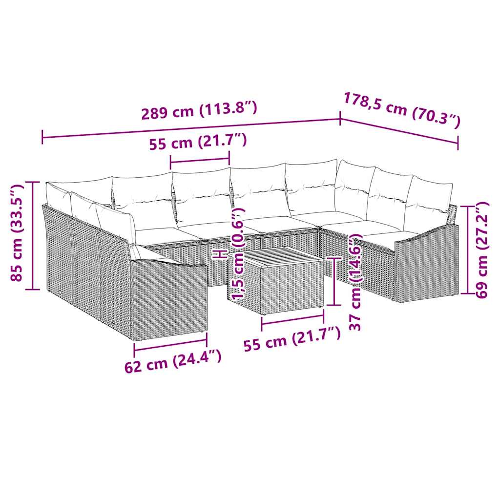 Σετ Καναπέ Κήπου με μαξιλάρι 10 pcs Γκρι συνθετικό ρατάν