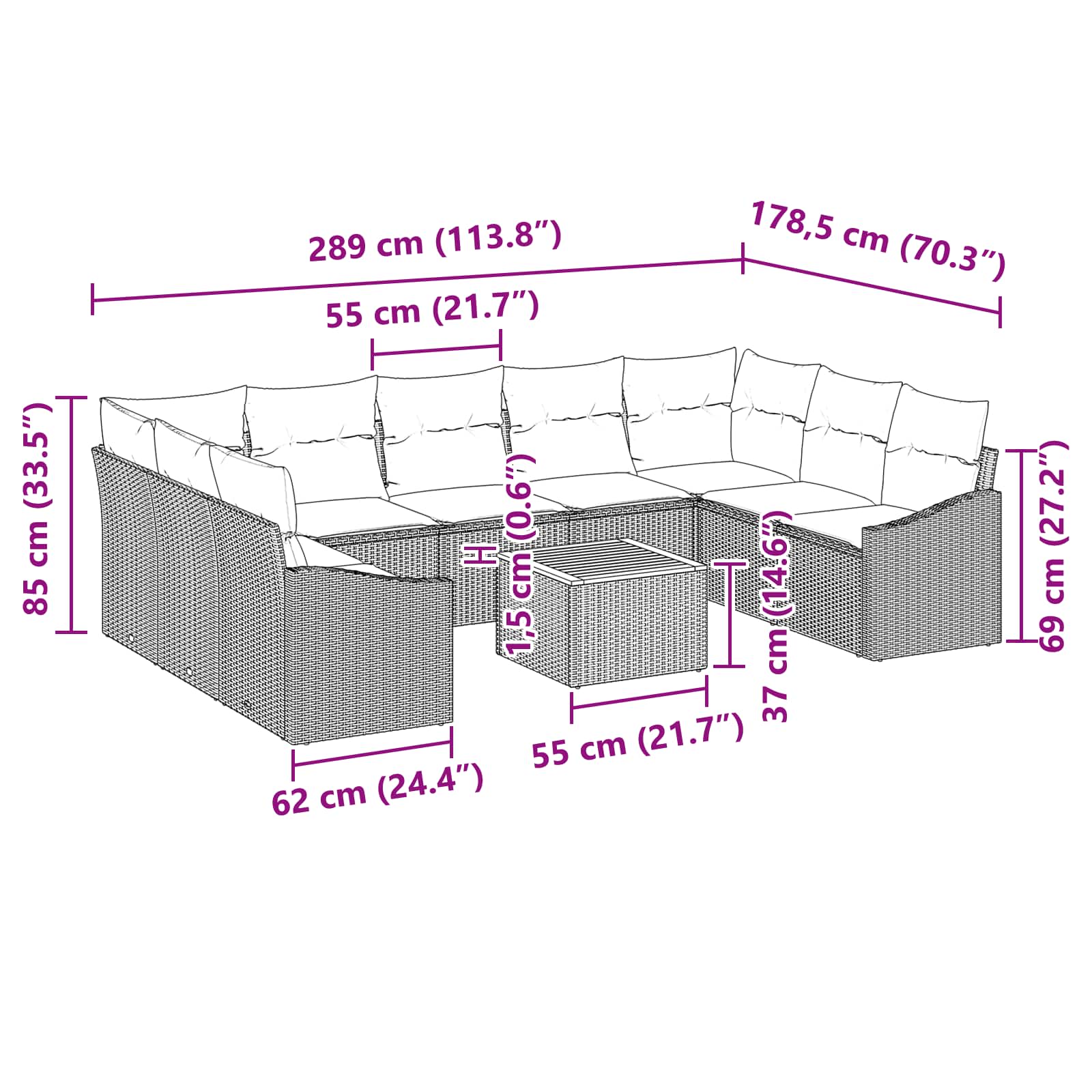 Σετ Καναπέ Κήπου με μαξιλάρι 10 pcs Μαύρο συνθετικό ρατάν - Pakobazaar