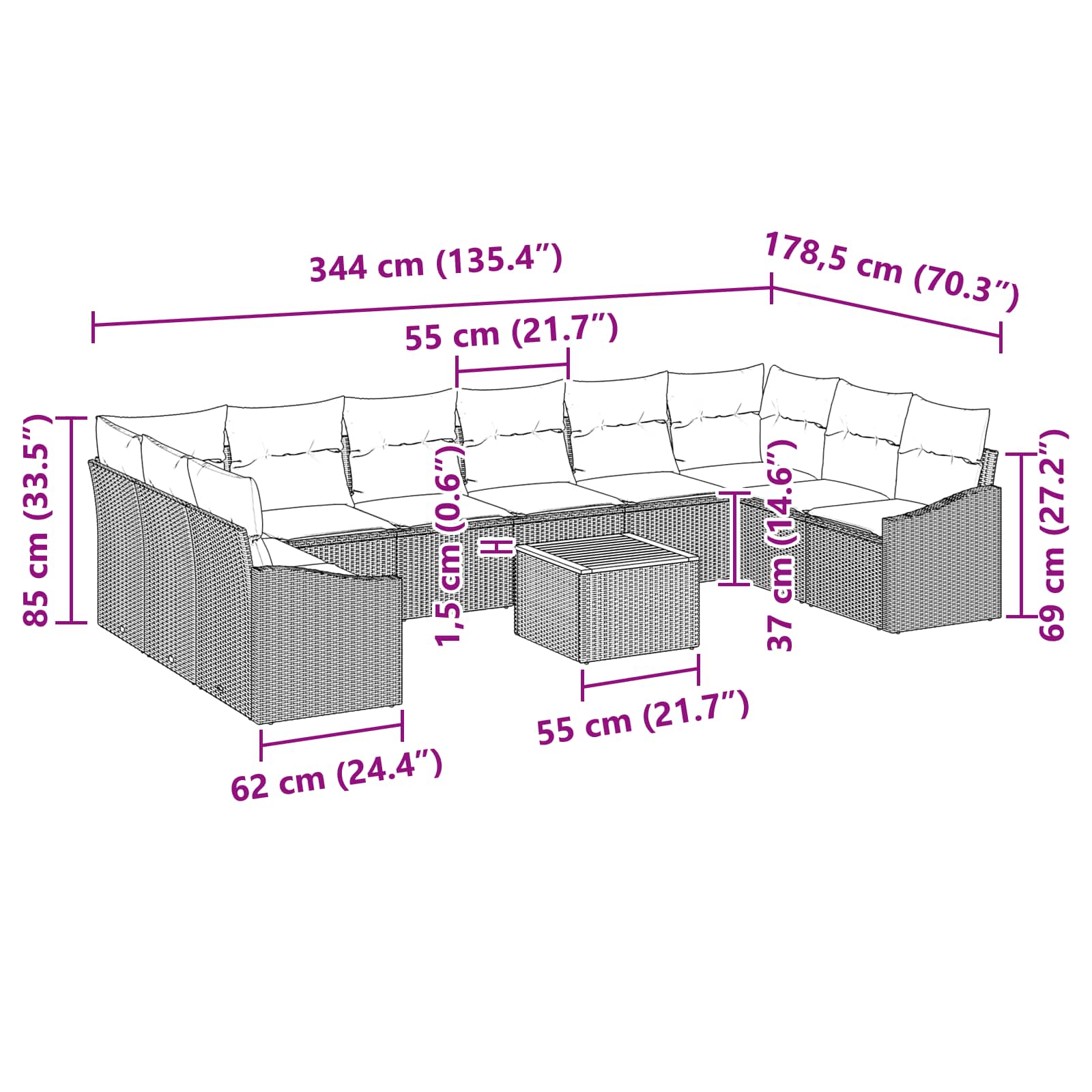 Σετ Καναπέ Κήπου με μαξιλάρι 11 pcs Μαύρο συνθετικό ρατάν - Pakobazaar