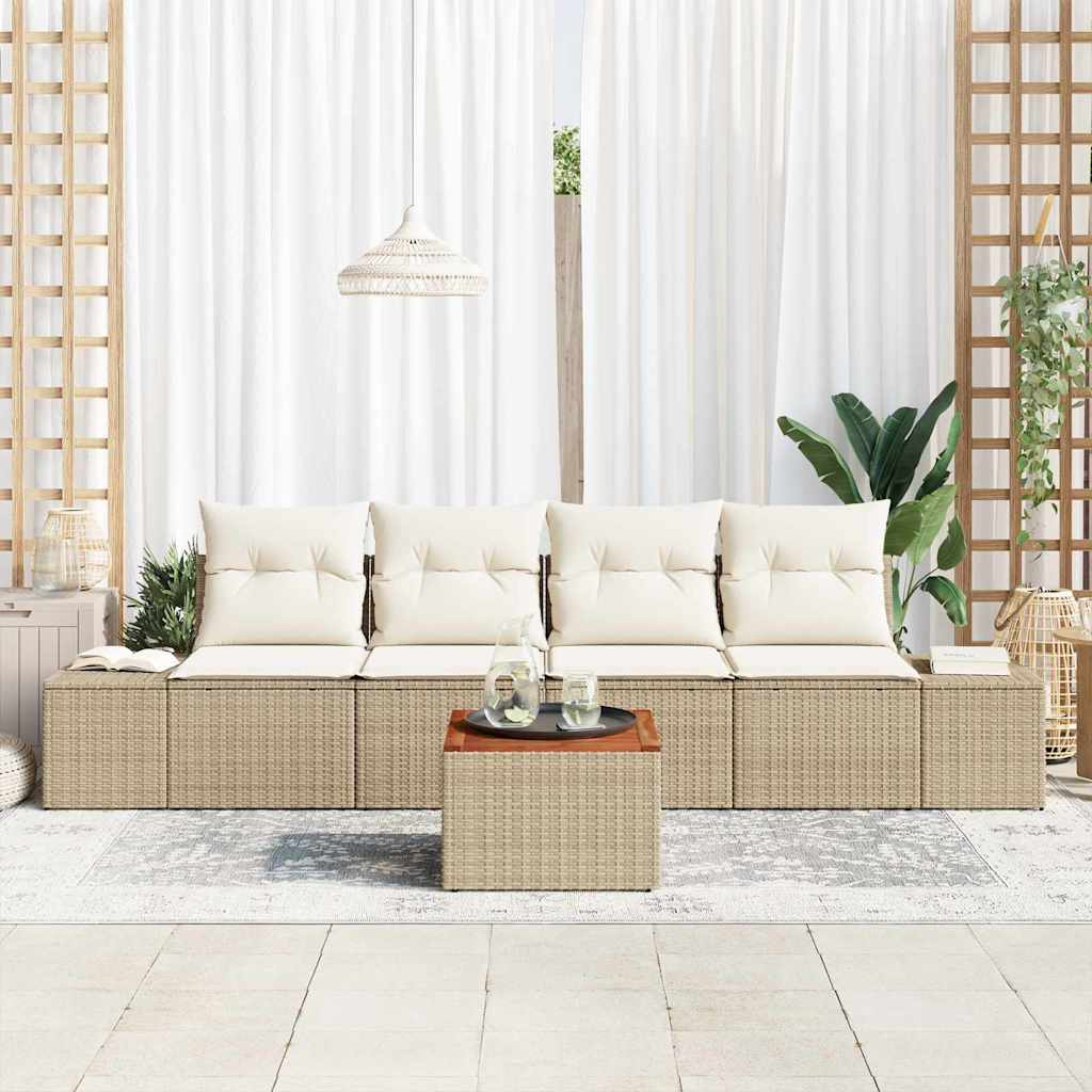 Σετ Καναπέ Κήπου με μαξιλάρι 5 pcs Μπεζ συνθετικό ρατάν - Pakobazaar