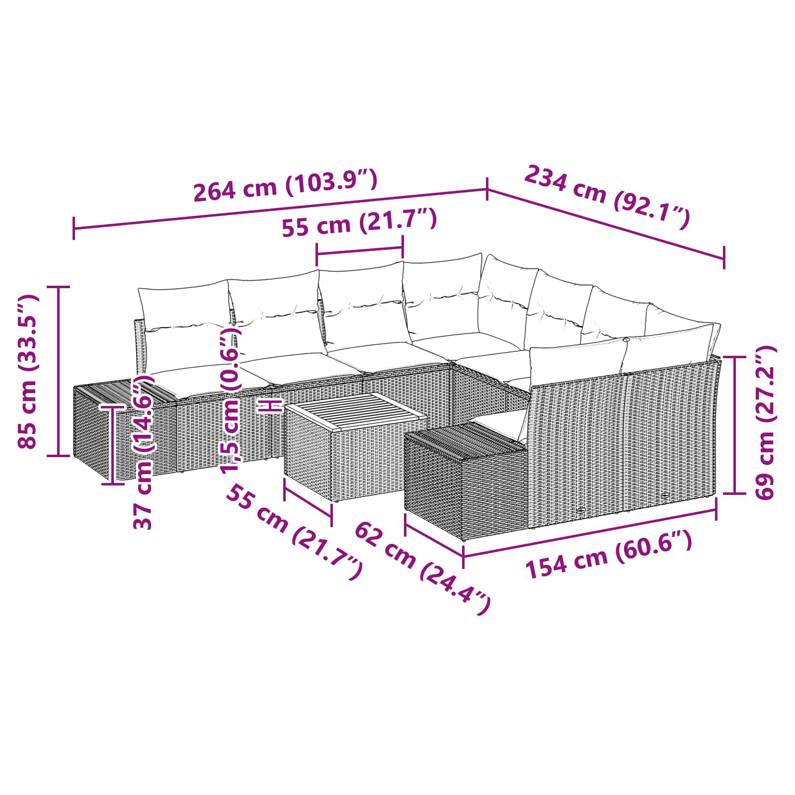 Σετ Καναπέ Κήπου με μαξιλάρι 9 pcs Μαύρο συνθετικό ρατάν