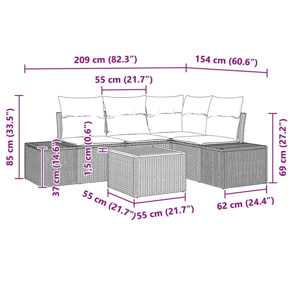 Σετ Καναπέ Κήπου με μαξιλάρι 5 pcs Μαύρο συνθετικό ρατάν - Pakobazaar