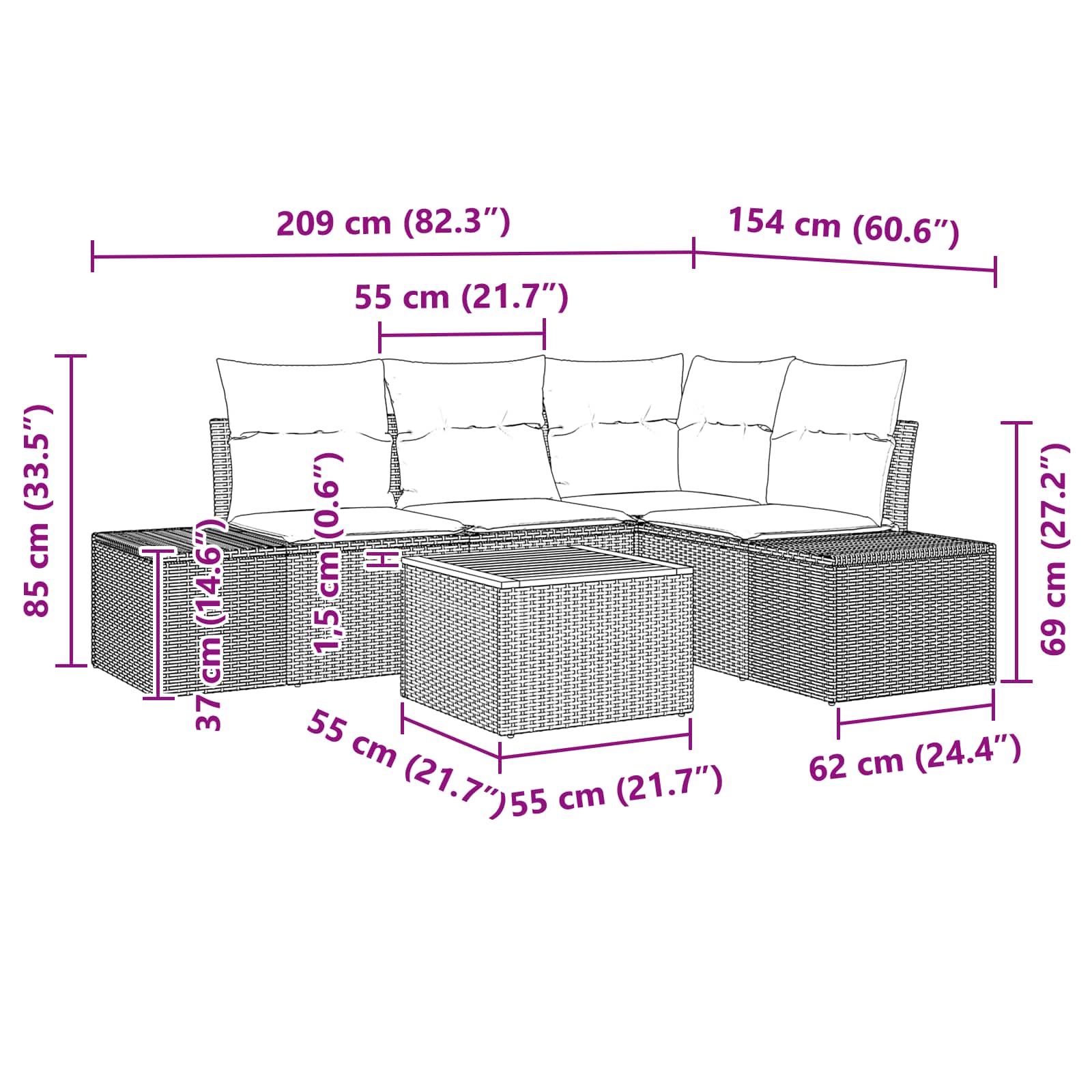Σετ Καναπέ Κήπου με μαξιλάρι 5 pcs Μαύρο συνθετικό ρατάν