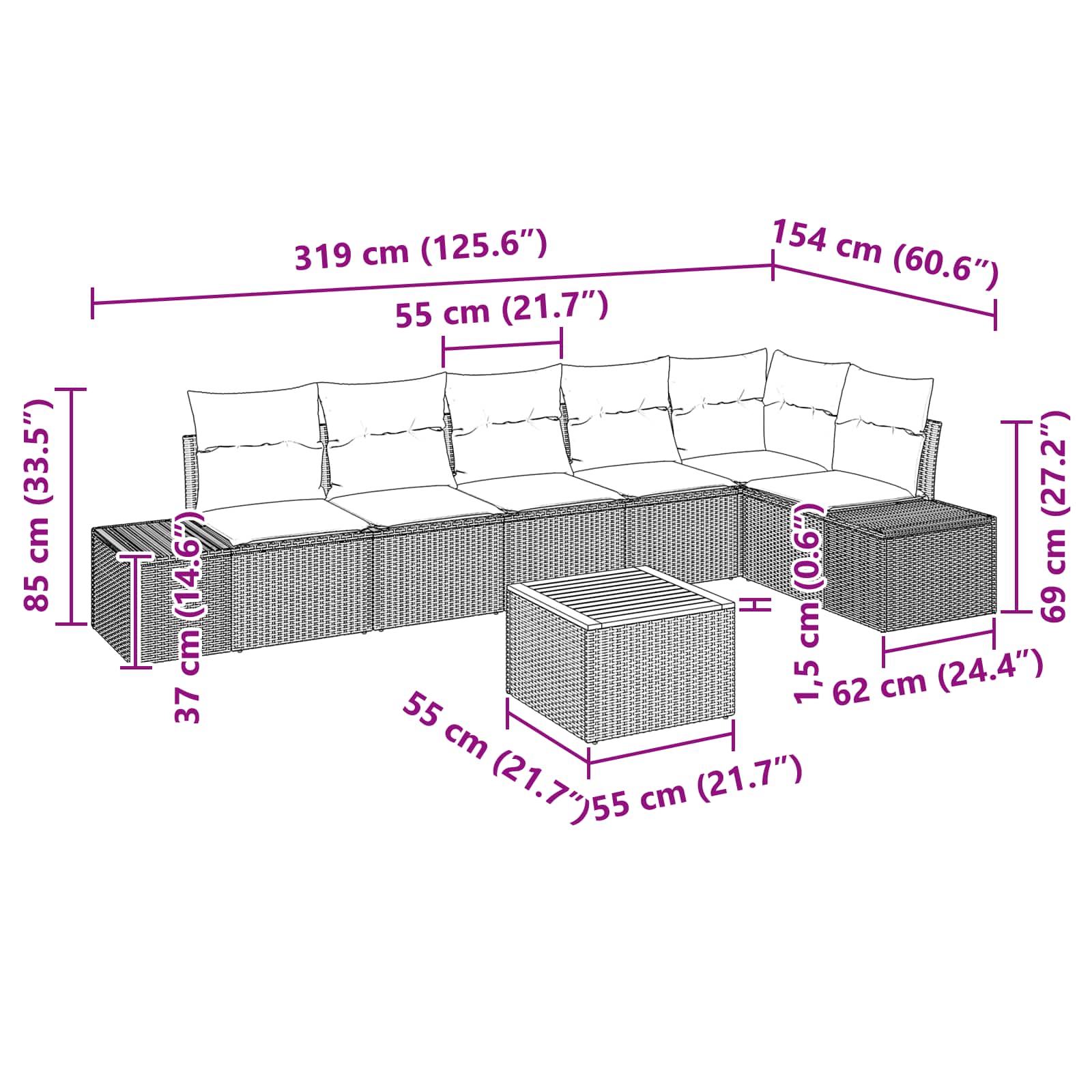 Σετ Καναπέ Κήπου με μαξιλάρι 7 pcs Μαύρο συνθετικό ρατάν - Pakobazaar