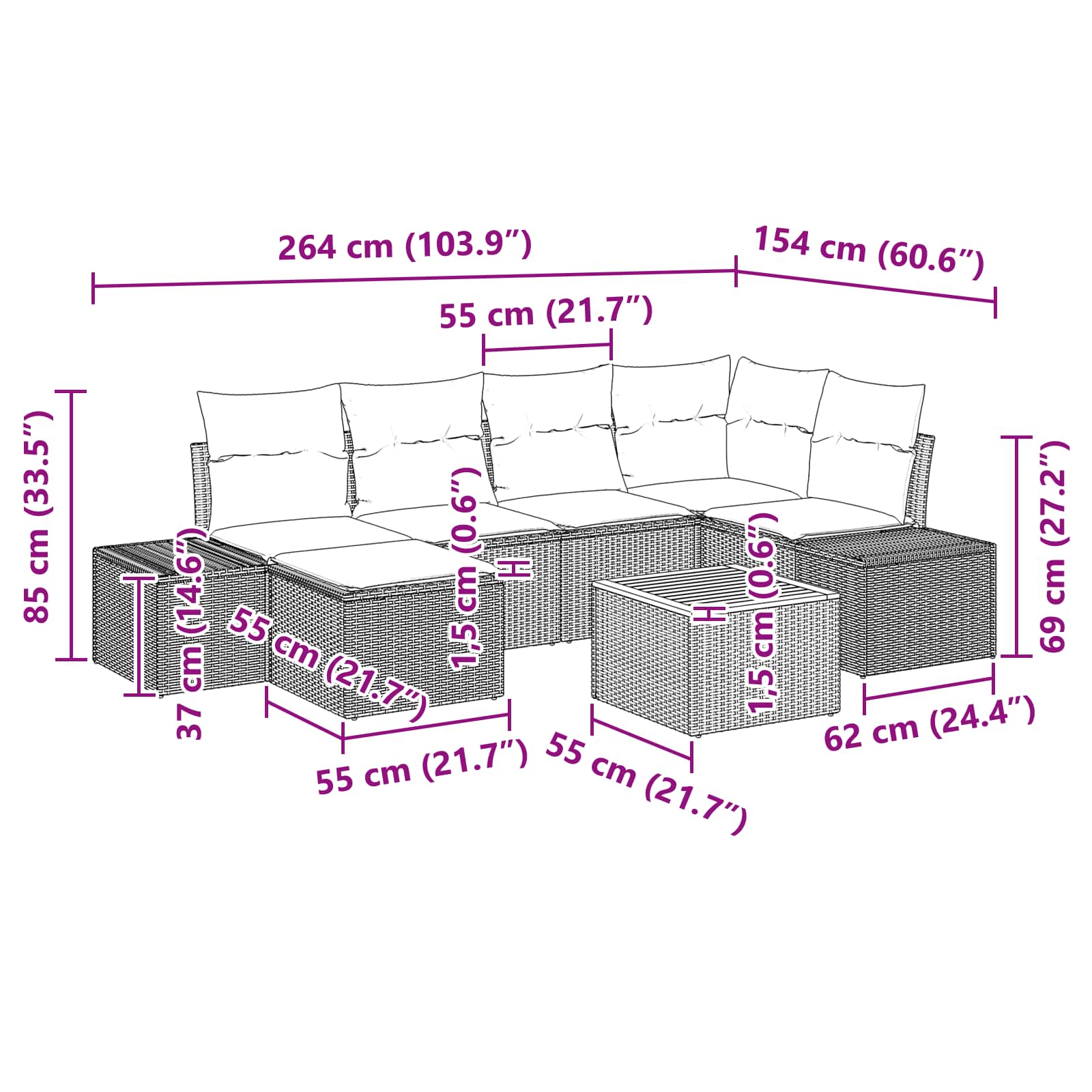 Σετ Καναπέ Κήπου με μαξιλάρι 7 pcs Μαύρο συνθετικό ρατάν