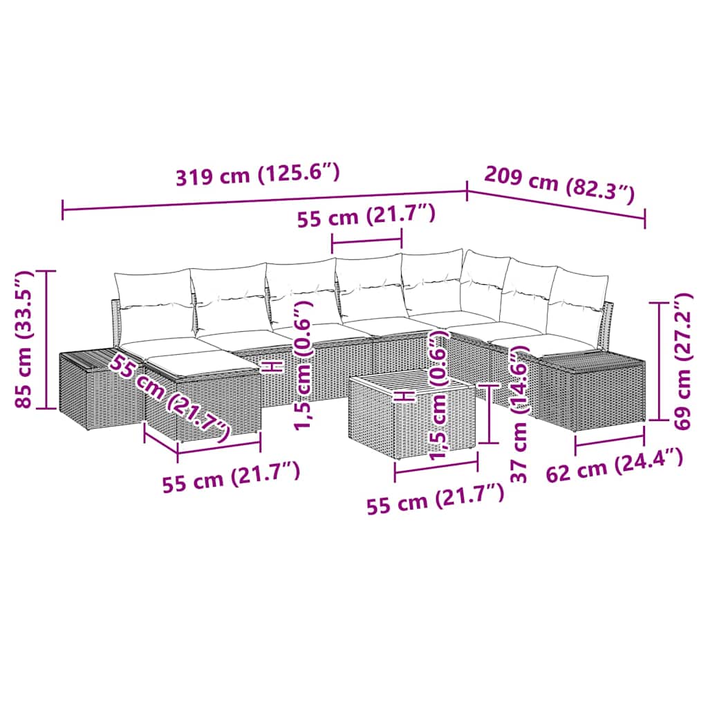 Σετ Καναπέ Κήπου με μαξιλάρι 9 pcs Μαύρο συνθετικό ρατάν