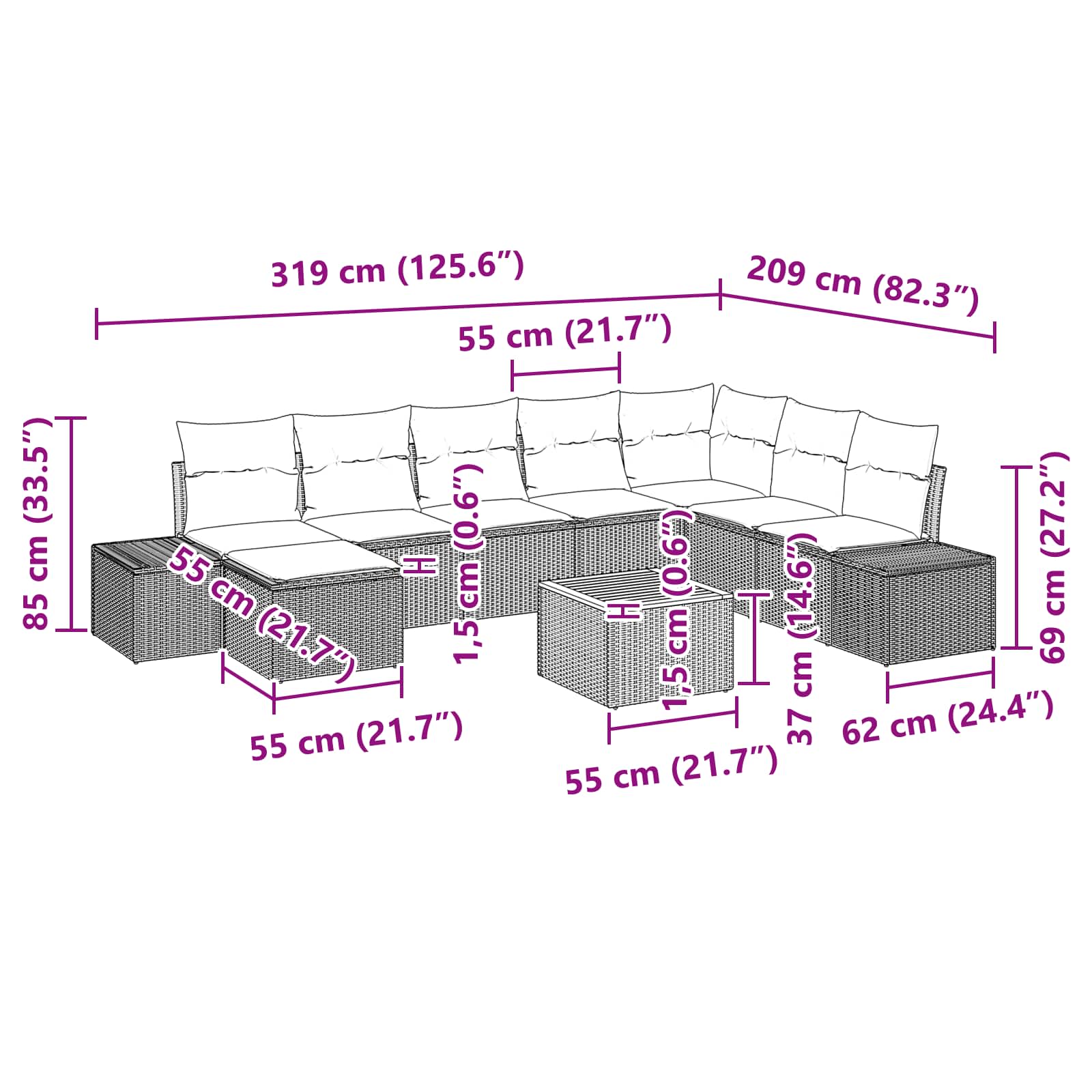 Σετ Καναπέ Κήπου με μαξιλάρι 9 pcs Μαύρο συνθετικό ρατάν