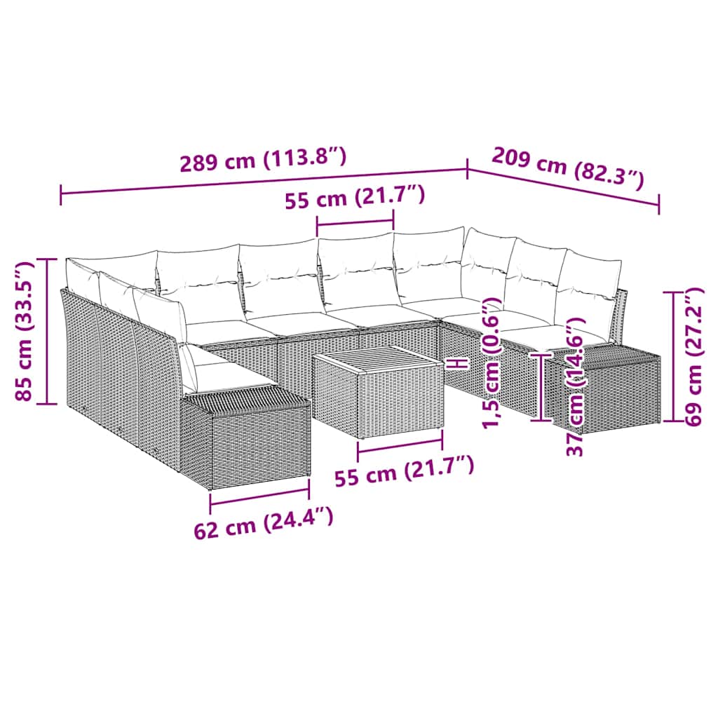 Σετ Καναπέ Κήπου με μαξιλάρι 10 pcs Γκρι συνθετικό ρατάν