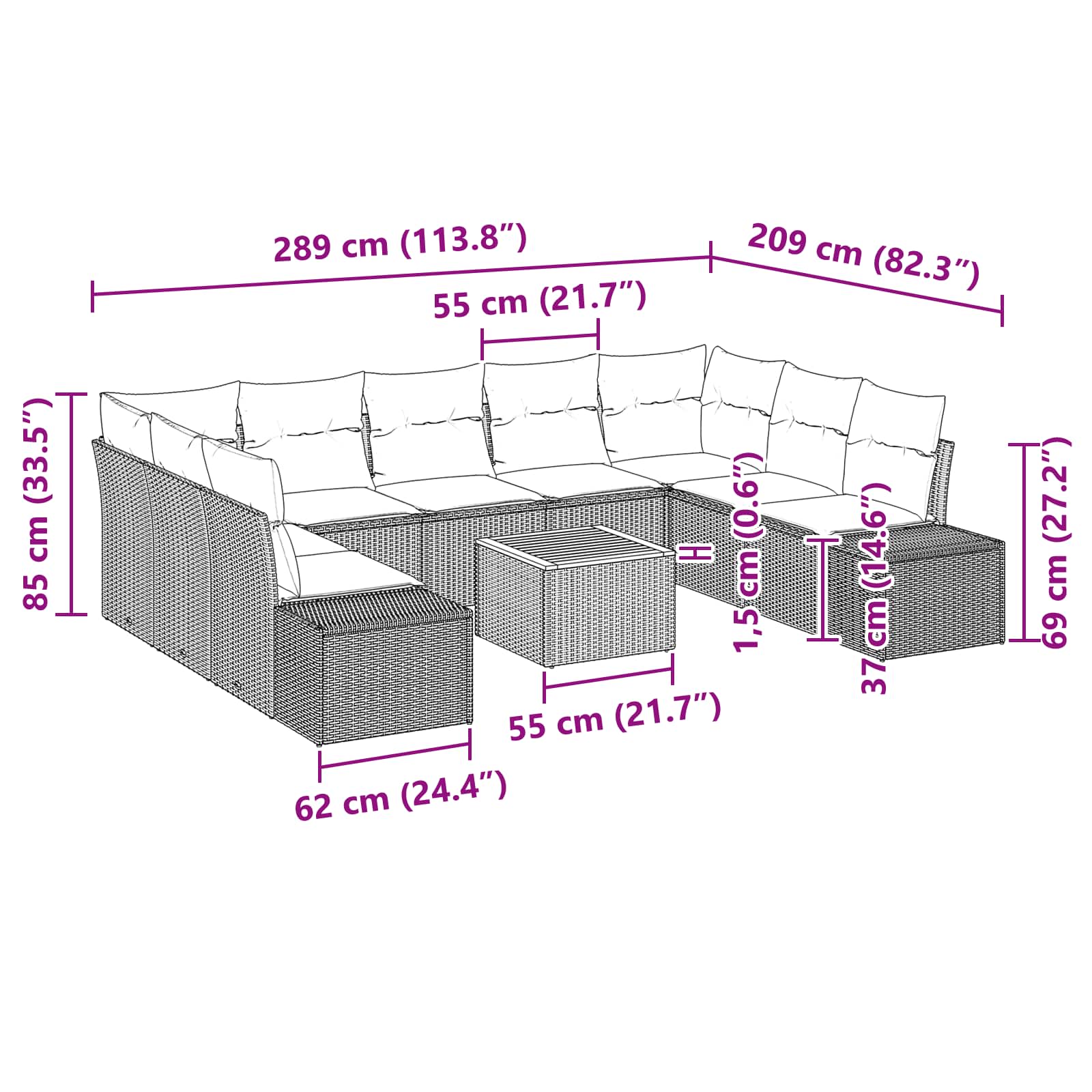 Σετ Καναπέ Κήπου με μαξιλάρι 10 pcs Μαύρο συνθετικό ρατάν - Pakobazaar
