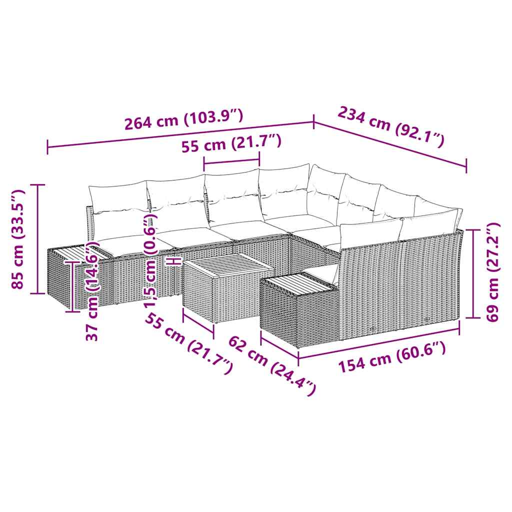 Σετ Καναπέ Κήπου με μαξιλάρι 9 pcs Γκρι Πολυ ράταν