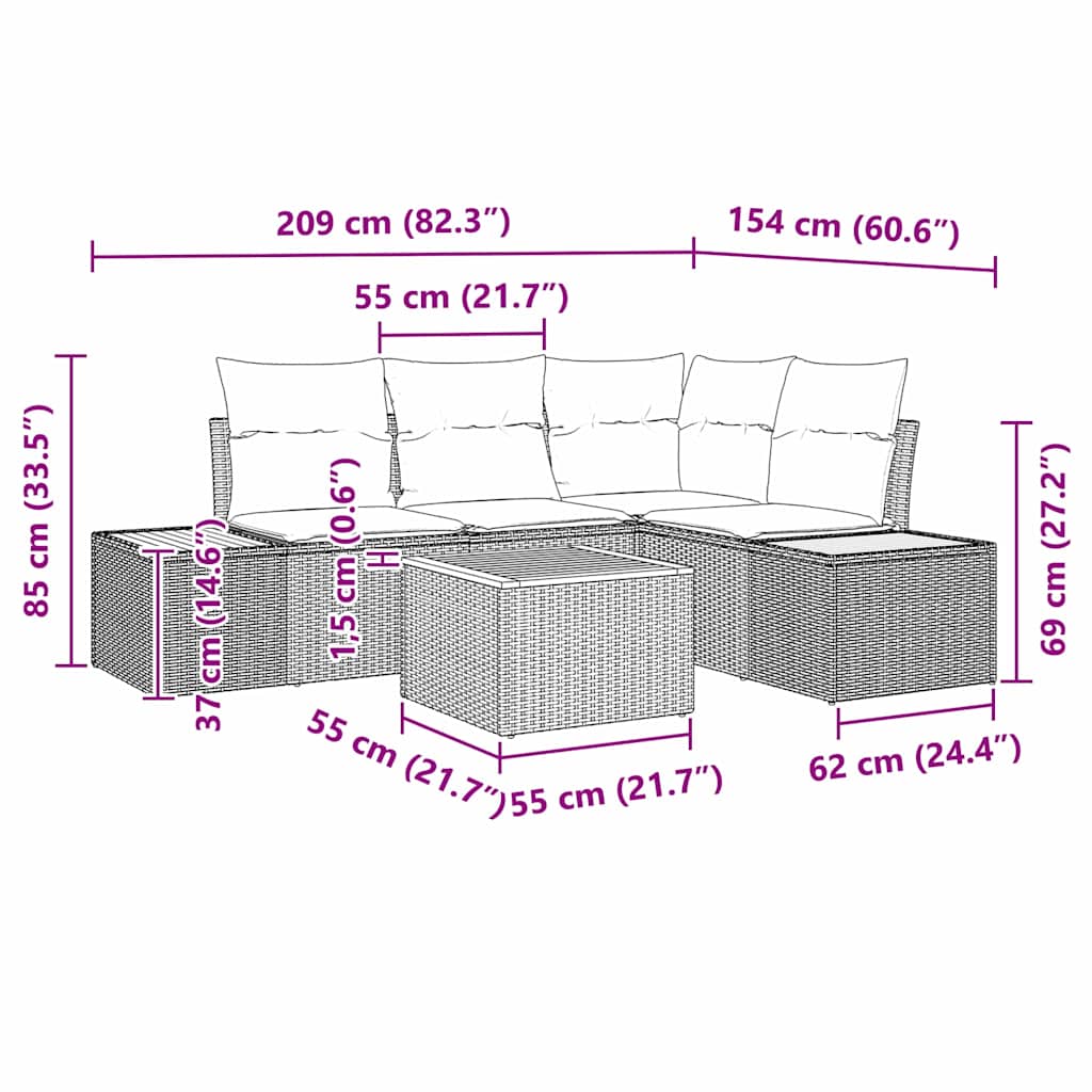 Σετ Καναπέ Κήπου με μαξιλάρι 5 pcs Γκρι Πολυ ράταν