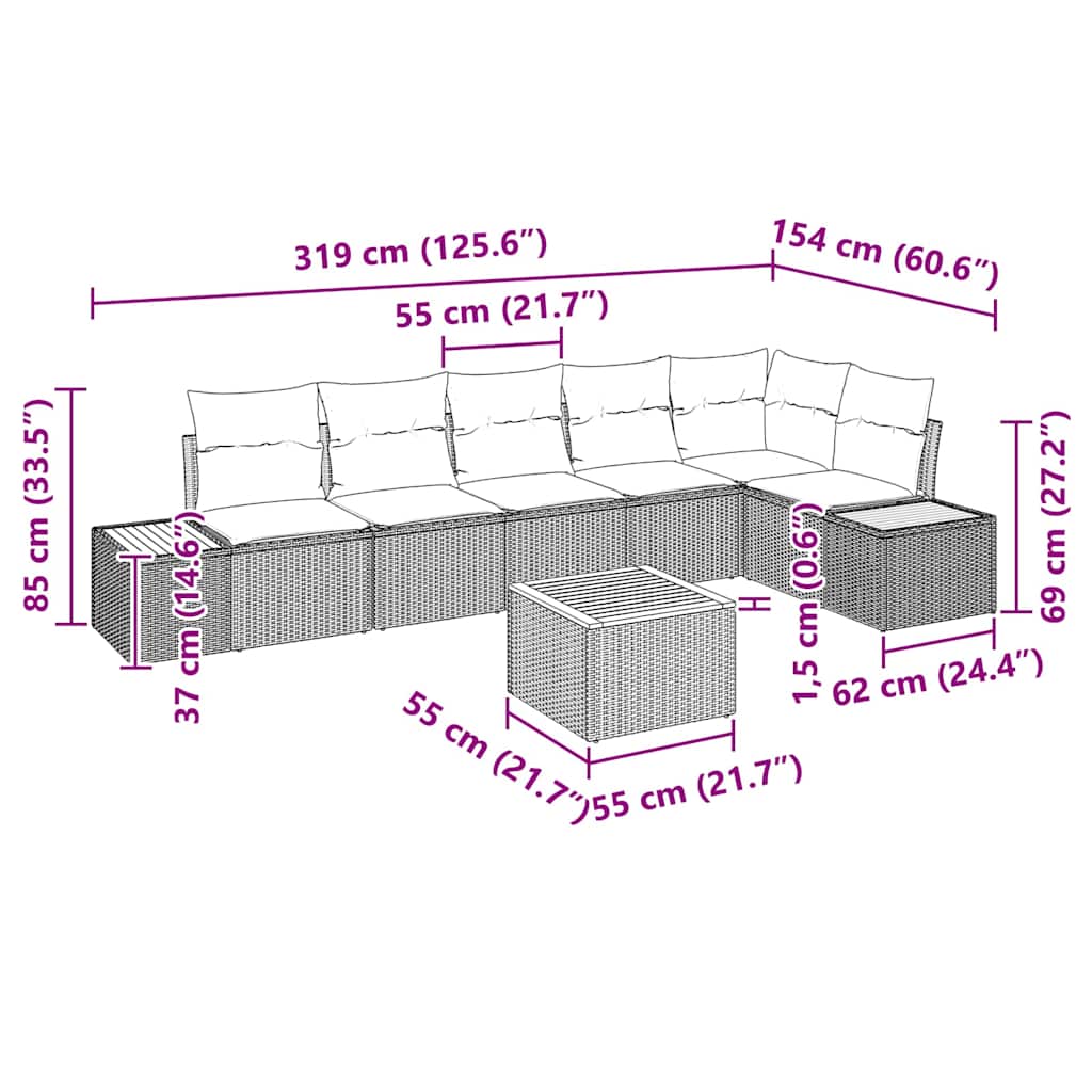Σετ Καναπέ Κήπου με μαξιλάρι 7 pcs Γκρι Πολυ ράταν