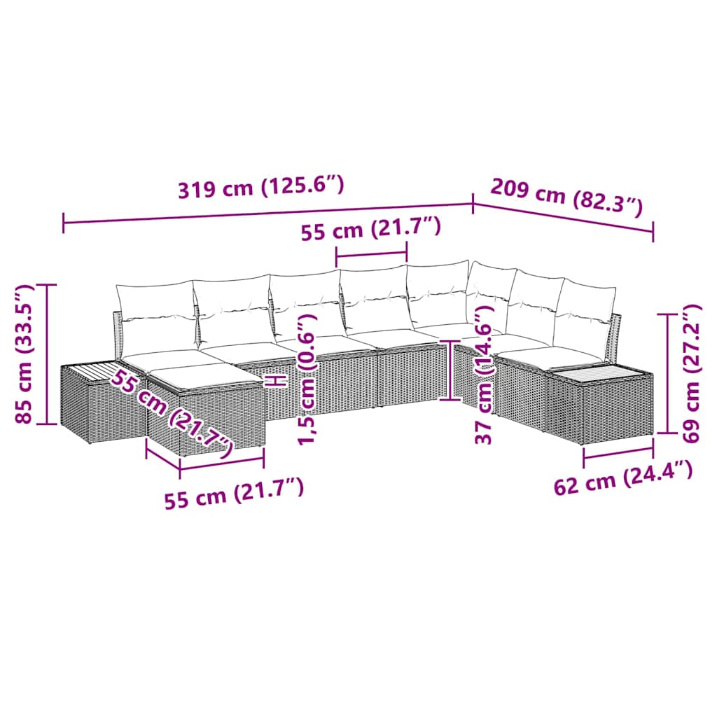 Σετ Καναπέ Κήπου με μαξιλάρι 8 pcs Μπεζ Πολυ ράταν