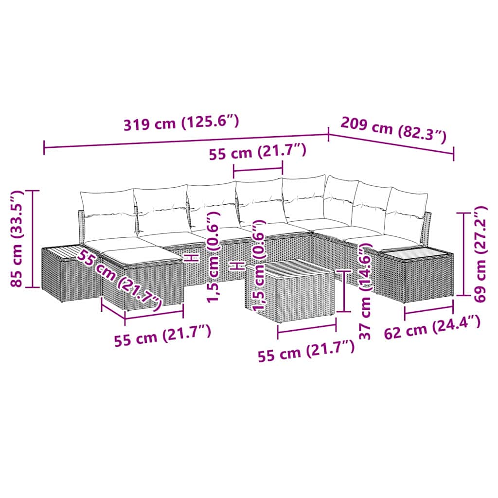 Σετ Καναπέ Κήπου με μαξιλάρι 9 pcs Γκρι Πολυ ράταν